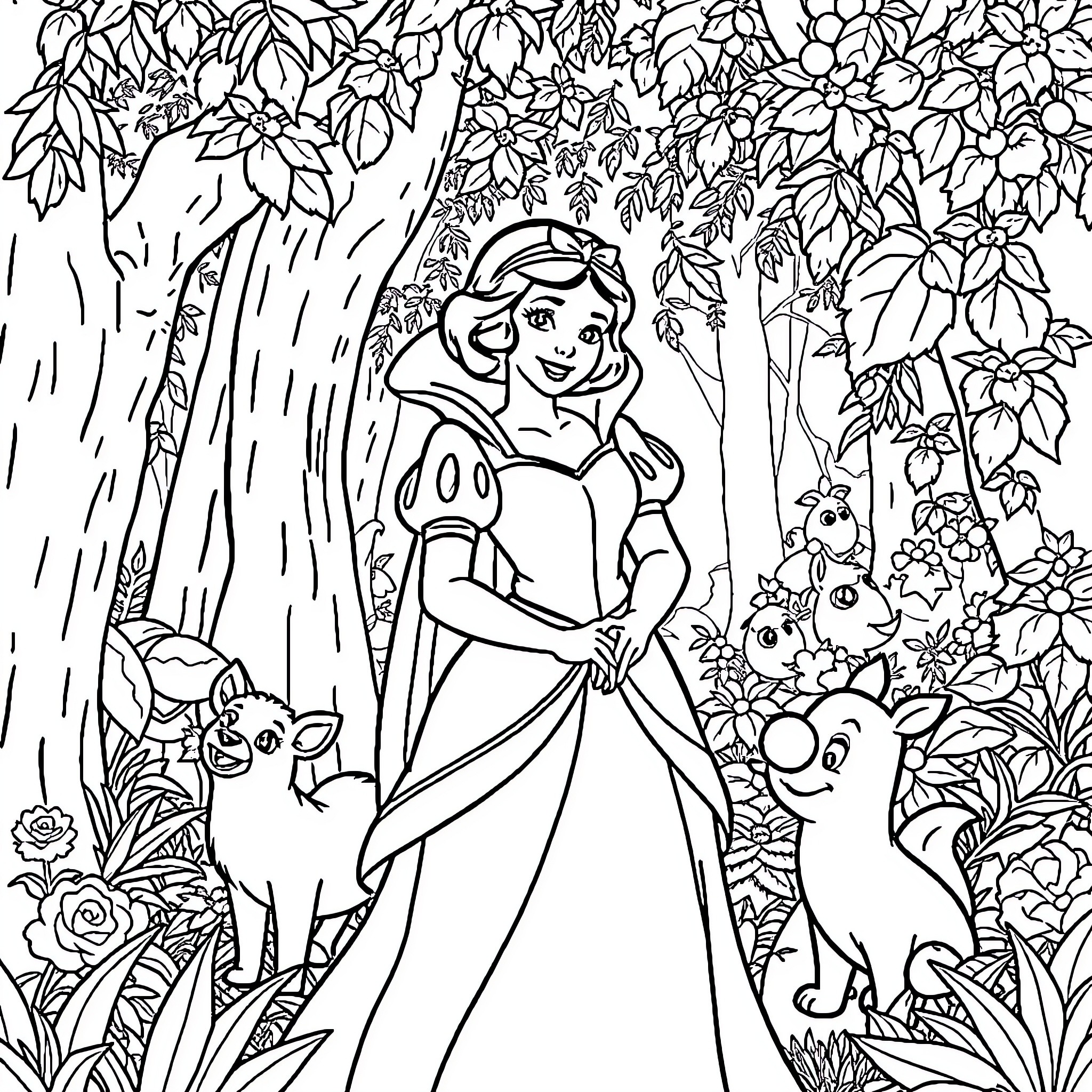 Snow White's Forest Adventure Coloring Page (free black-and-white line drawing printable PDF for all, from beginners to advanced learners, including children, teens, adults, and seniors)