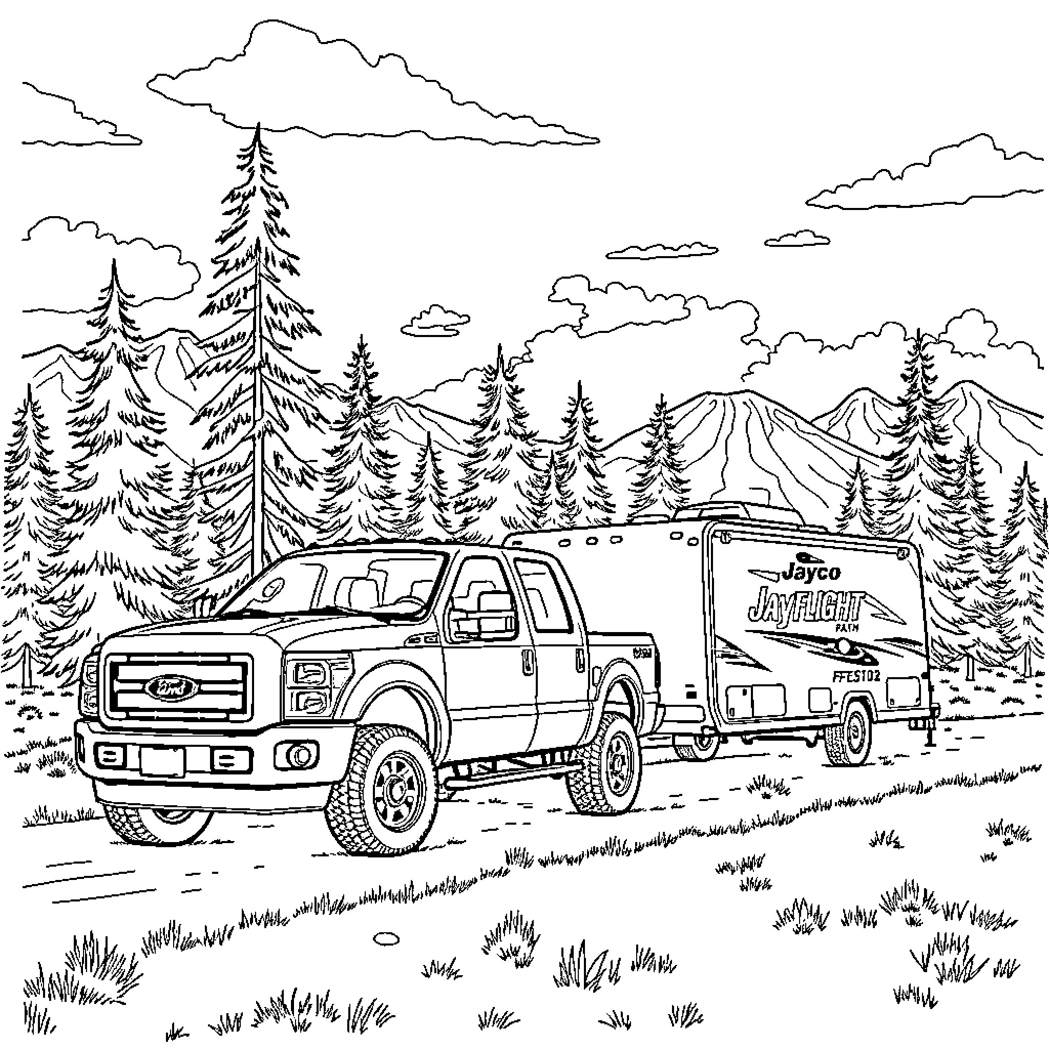 Ford F250 off-road truck and trailer in mountain landscape Coloring Page (free black-and-white line drawing printable PDF for all, from beginners to advanced learners, including children, teens, adults, and seniors)