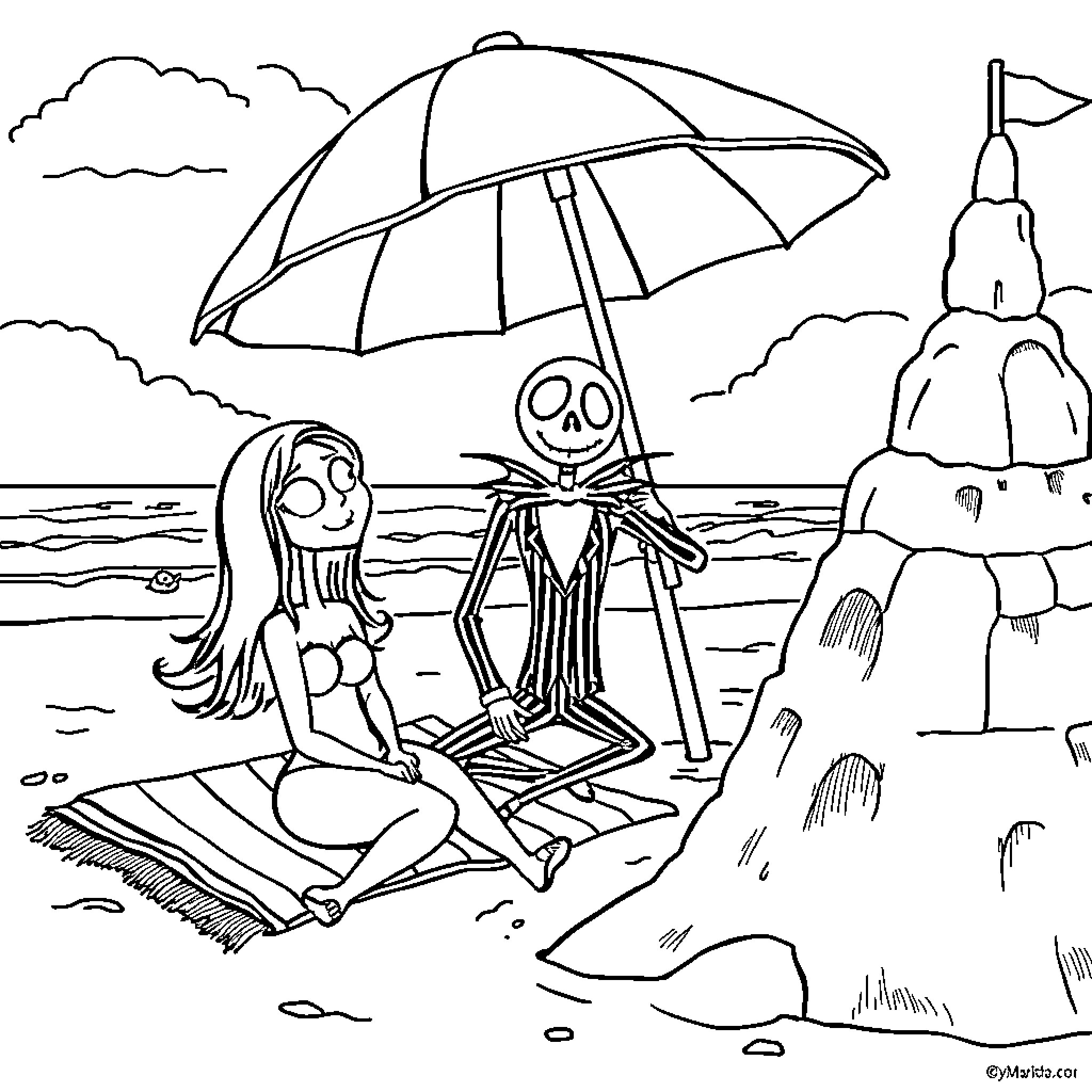 Labooboo's Spooky Beach Day Coloring Page (free black-and-white line drawing printable PDF for all, from beginners to advanced learners, including children, teens, adults, and seniors)