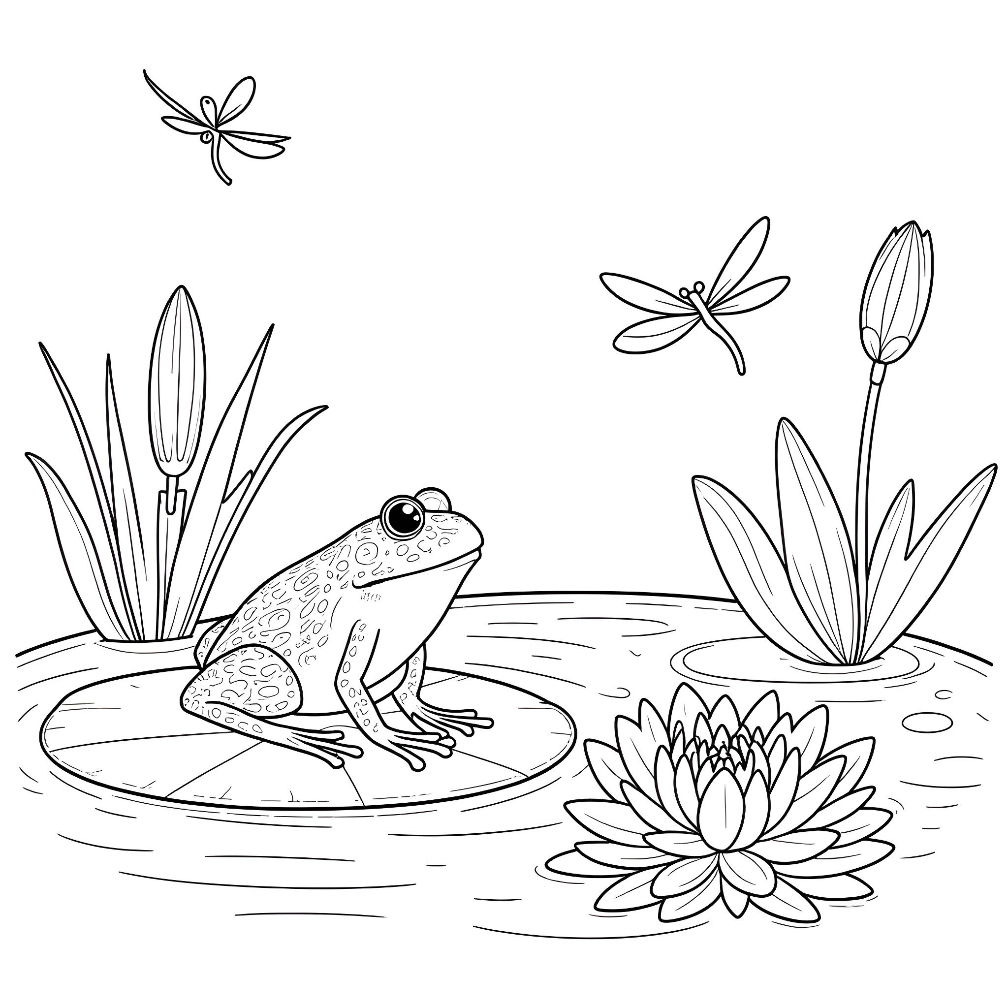 Frog resting peacefully in a pond with flowers Coloring Page (free black-and-white line drawing printable PDF for all, from beginners to advanced learners, including children, teens, adults, and seniors)
