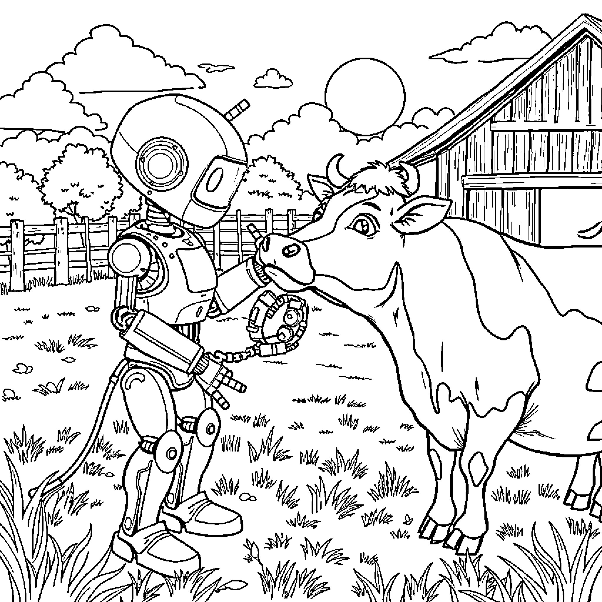 Robot Interacting with Cow on Farm Landscape Coloring Page (free black-and-white line drawing printable PDF for all, from beginners to advanced learners, including children, teens, adults, and seniors)