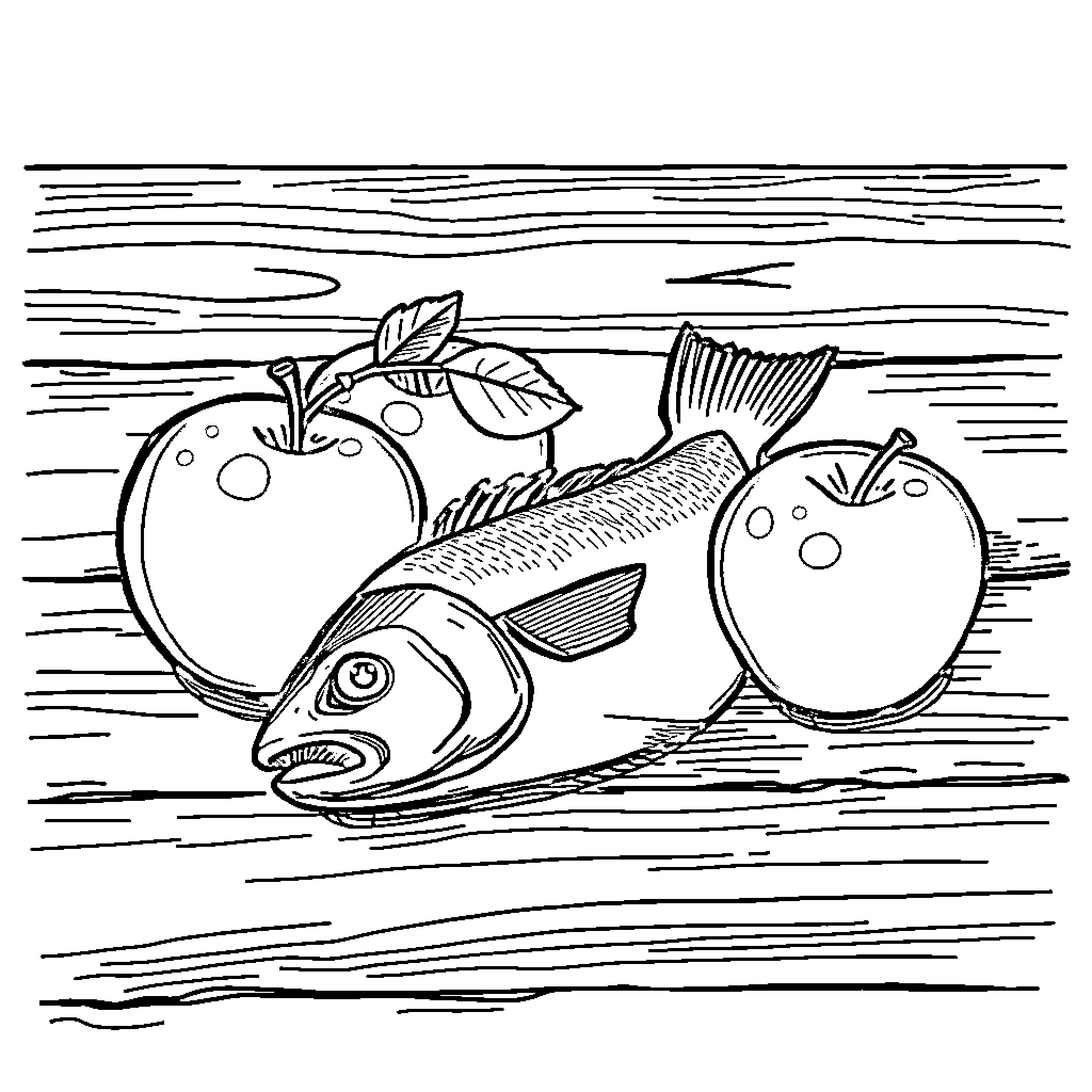 Apple Harvest: Fresh Fruits and Fish Coloring Page (free black-and-white line drawing printable PDF for all, from beginners to advanced learners, including children, teens, adults, and seniors)