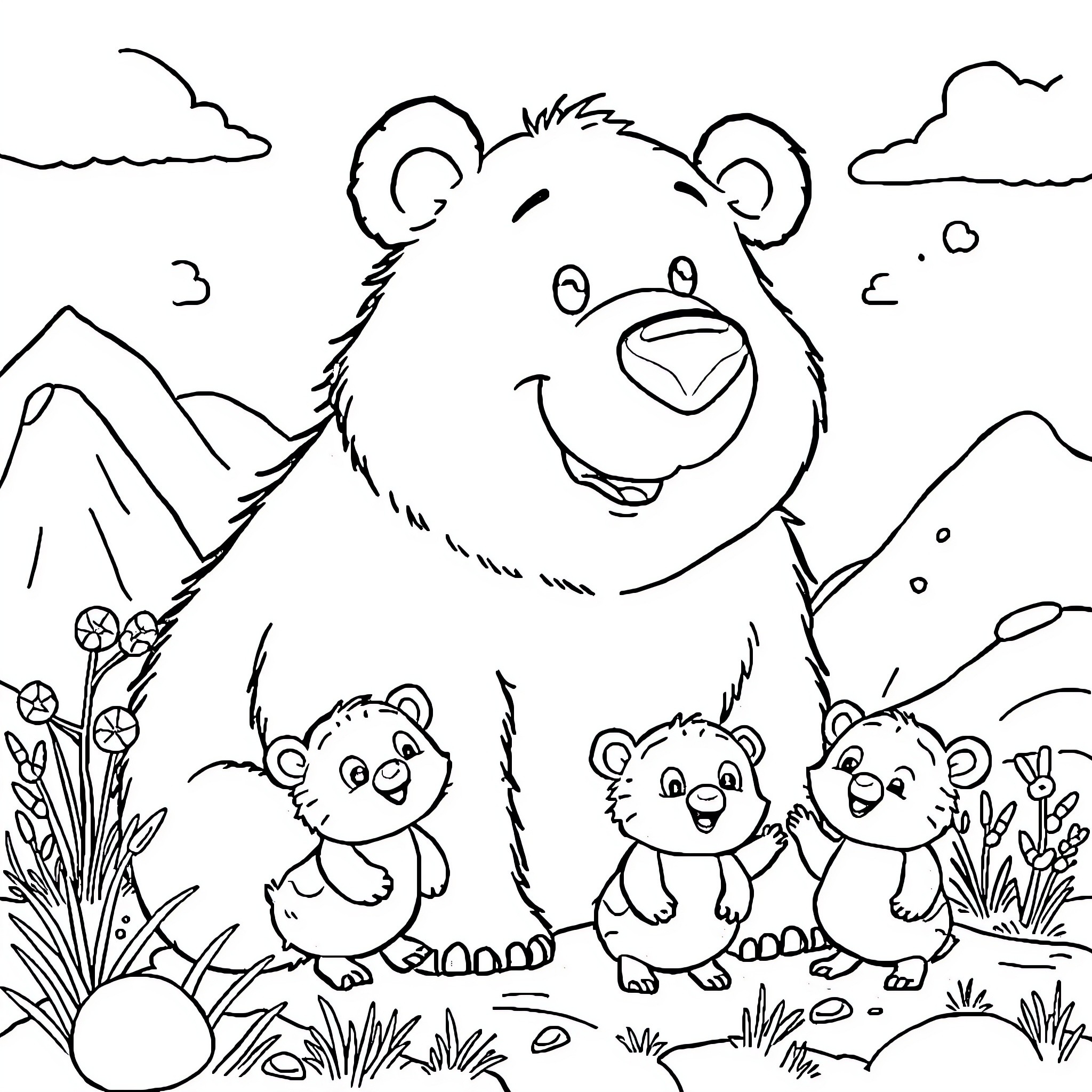 Grizzy and the Happy Bear Family Coloring Page (free black-and-white line drawing printable PDF for all, from beginners to advanced learners, including children, teens, adults, and seniors)