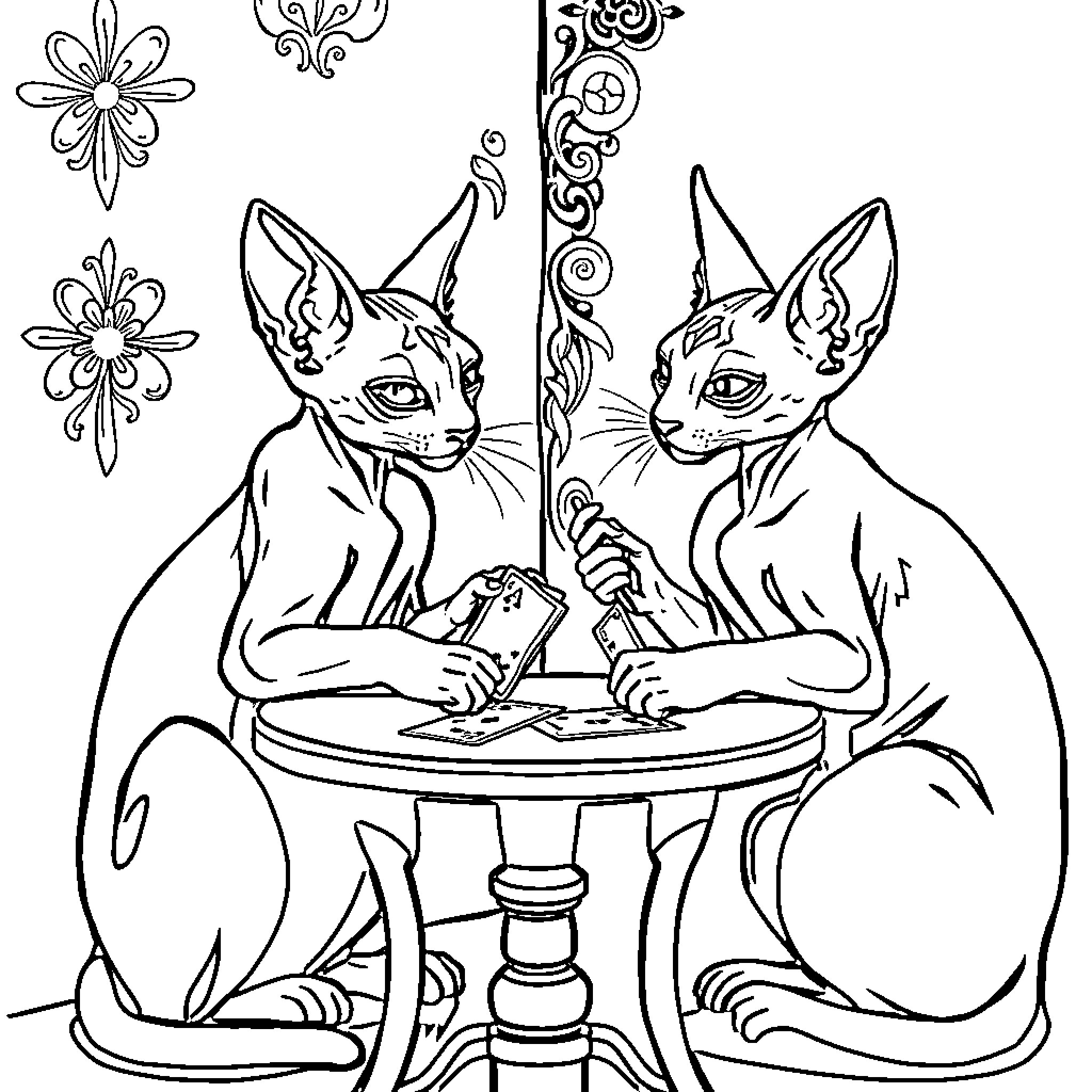 Sphinx Cats playing cards with decorative accents Coloring Page (free black-and-white line drawing printable PDF for all, from beginners to advanced learners, including children, teens, adults, and seniors)