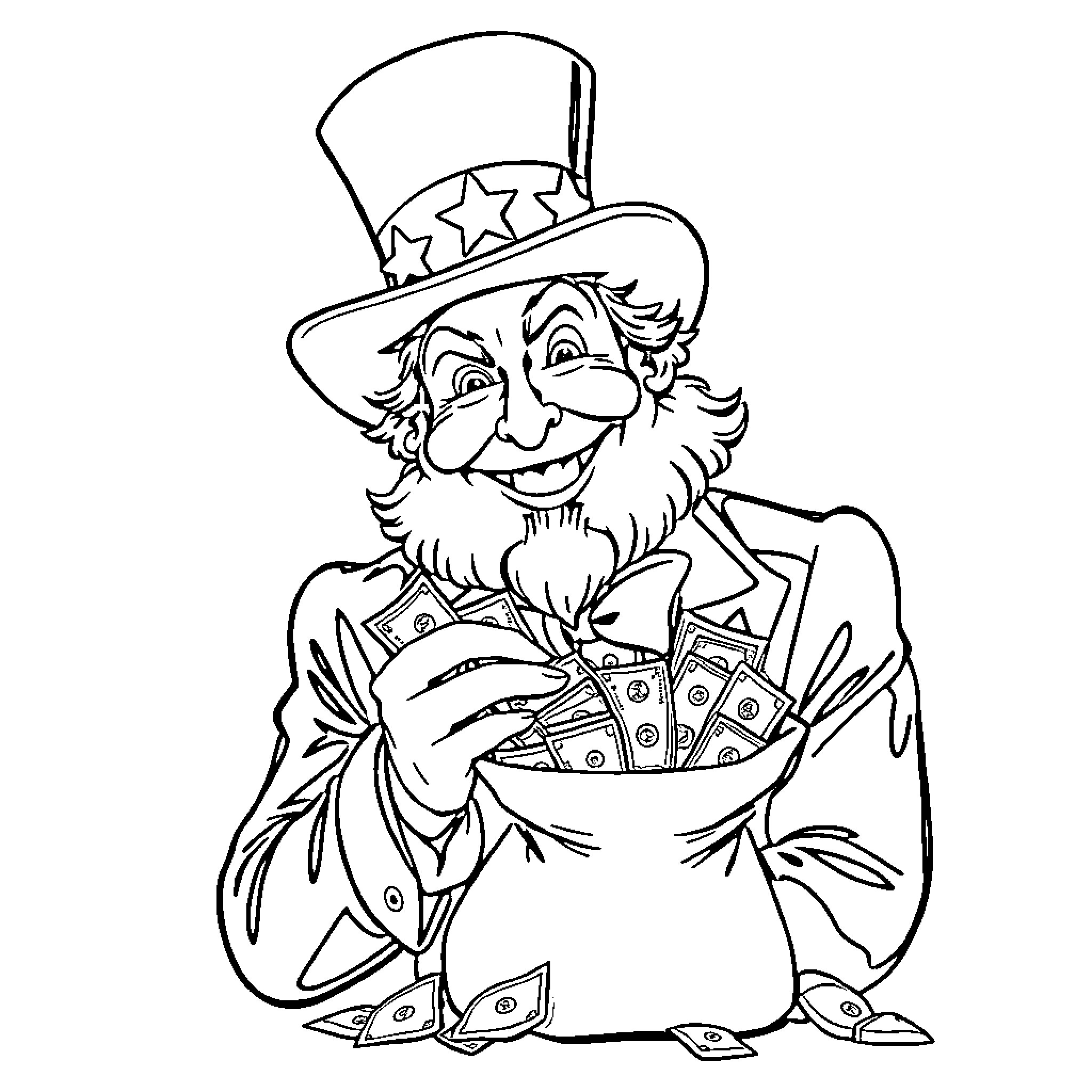Uncle Sam counting money with a big smile Coloring Page (free black-and-white line drawing printable PDF for all, from beginners to advanced learners, including children, teens, adults, and seniors)