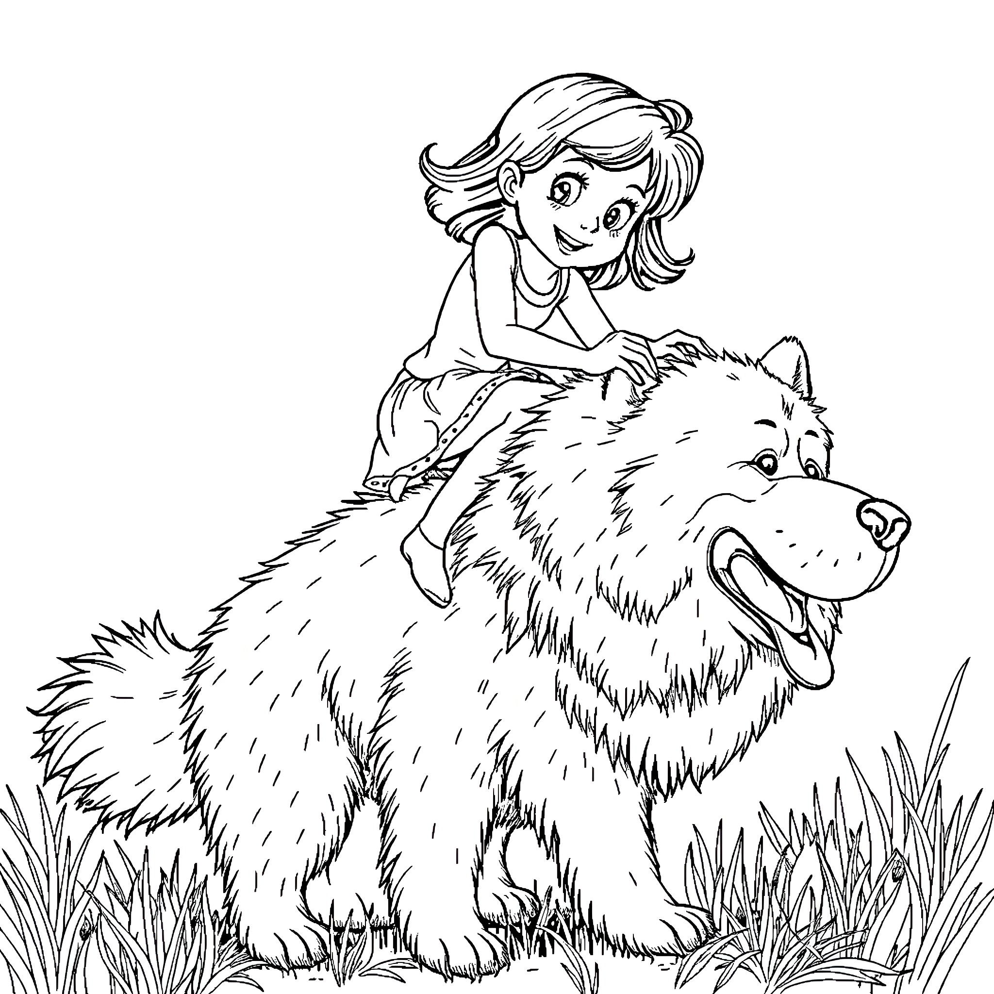 Mortel Adèle Rides Friendly Wolf in Meadow Coloring Page (free black-and-white line drawing printable PDF for all, from beginners to advanced learners, including children, teens, adults, and seniors)