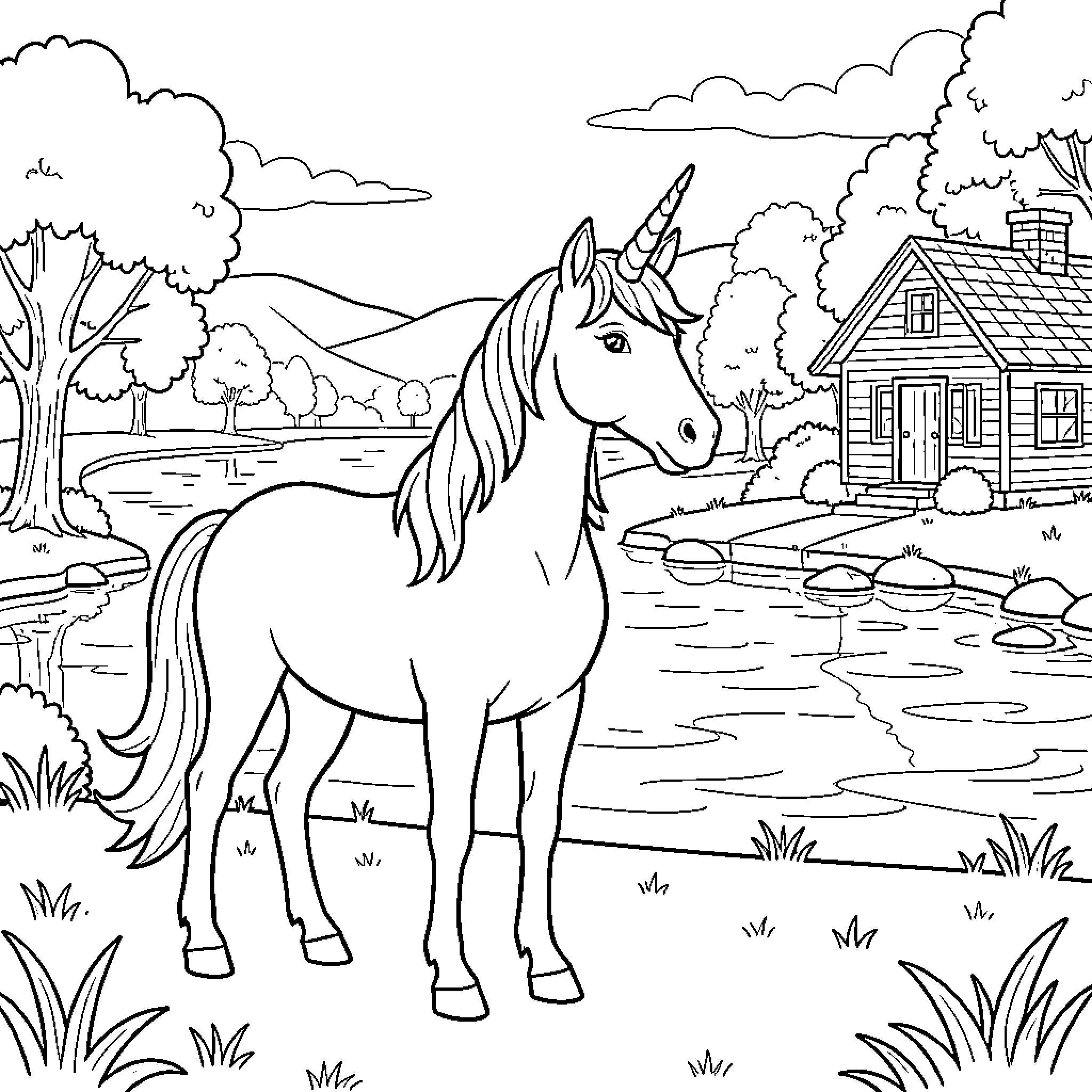 Unicorn standing peacefully by a river near a house Coloring Page (free black-and-white line drawing printable PDF for all, from beginners to advanced learners, including children, teens, adults, and seniors)