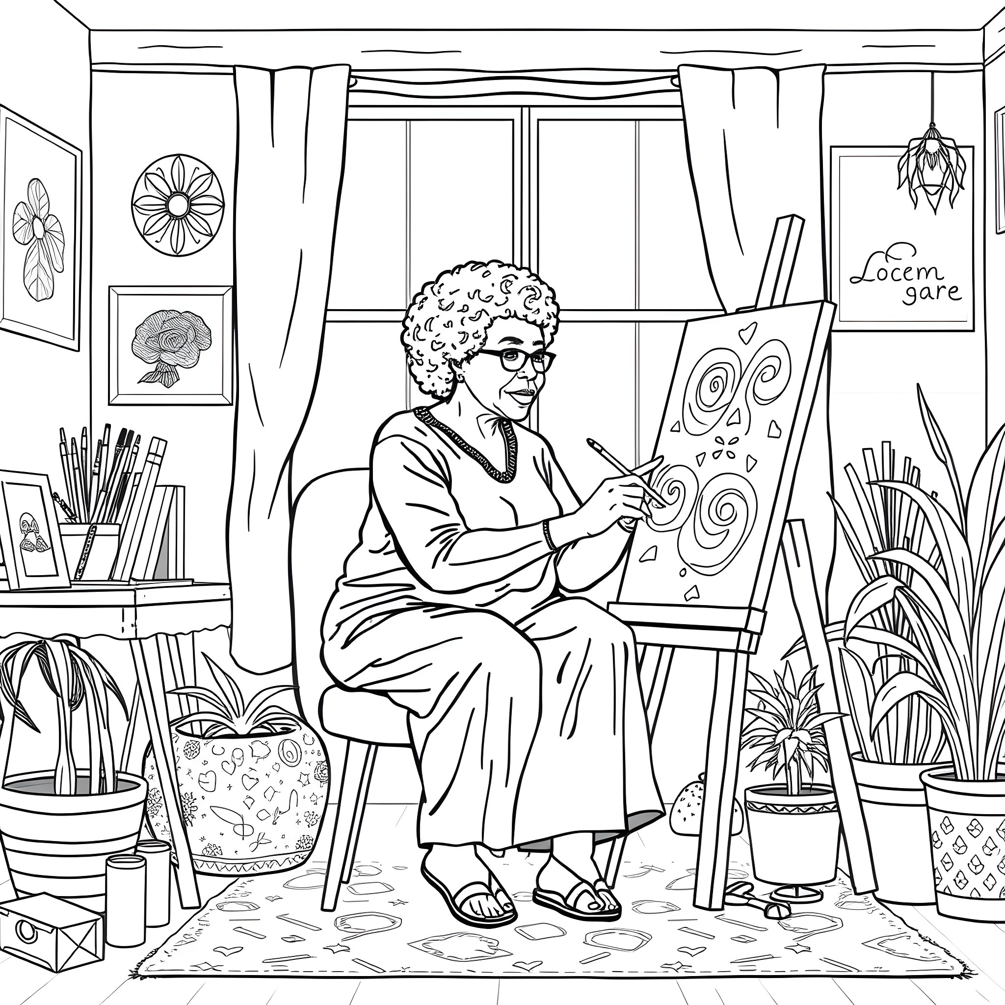 Grandma painting her creative artwork in the cozy studio Coloring Page (free black-and-white line drawing printable PDF for all, from beginners to advanced learners, including children, teens, adults, and seniors)