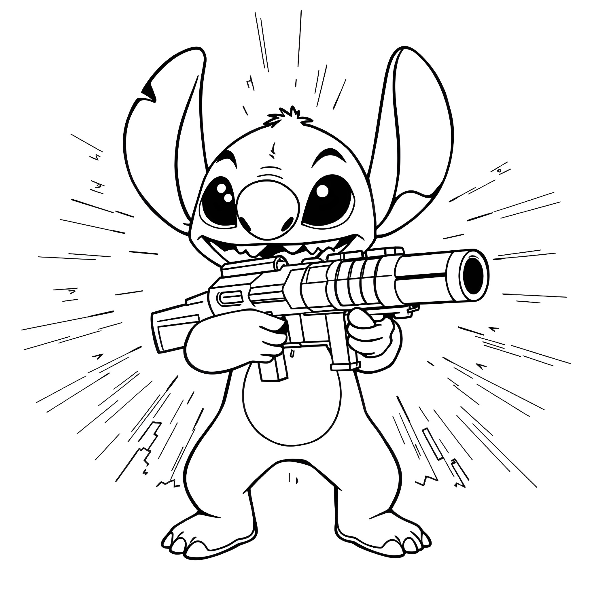 Stitch with Blaster Gun Coloring Page (free black-and-white line drawing printable PDF for all, from beginners to advanced learners, including children, teens, adults, and seniors)