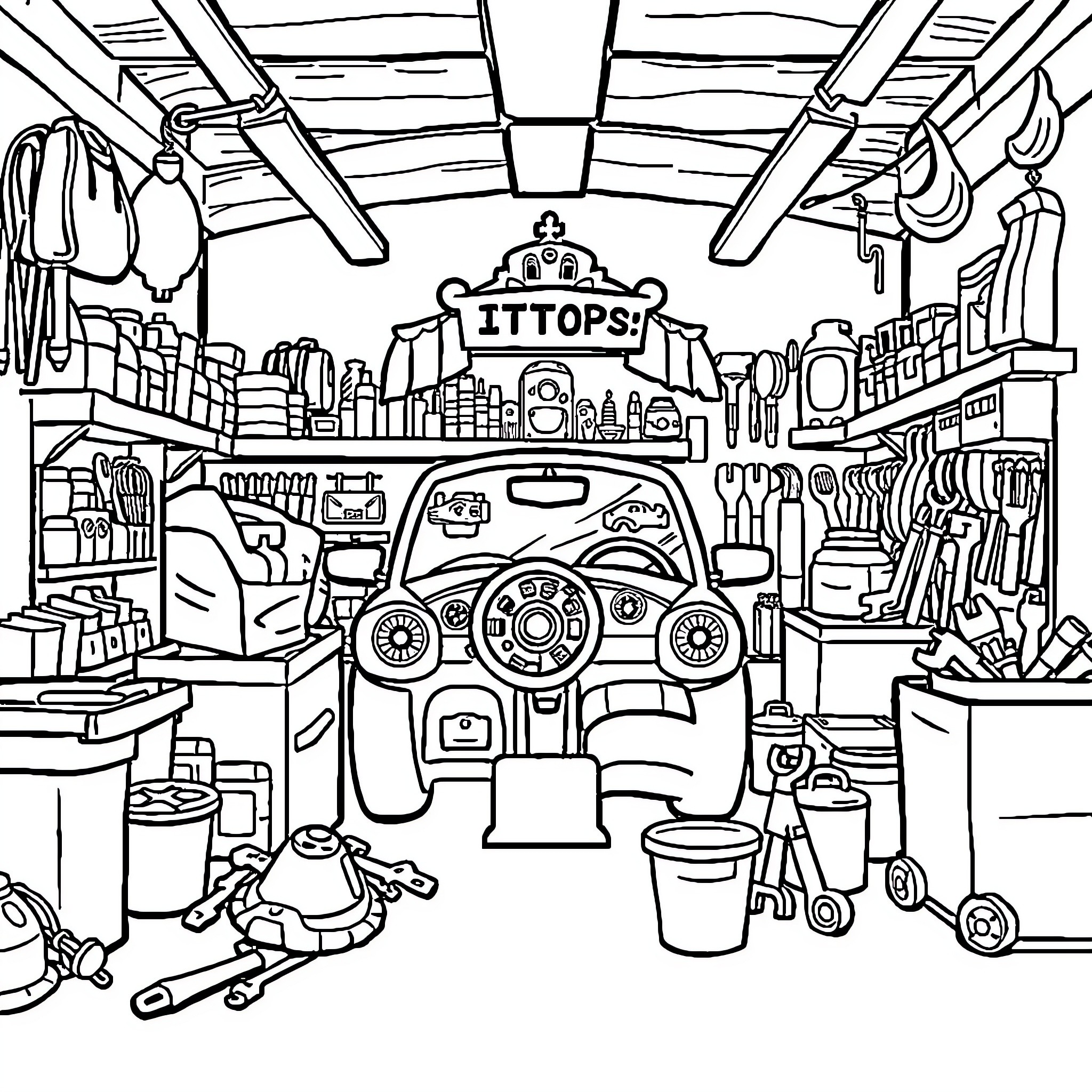 Princess Explores Cluttered Repair Shop Coloring Page (free black-and-white line drawing printable PDF for all, from beginners to advanced learners, including children, teens, adults, and seniors)