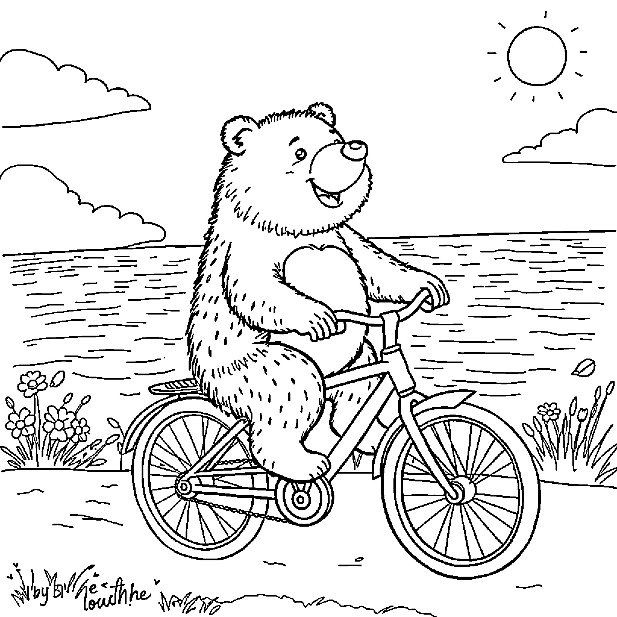 Böbo the Bear Cycling in the Outdoors Coloring Page (free black-and-white line drawing printable PDF for all, from beginners to advanced learners, including children, teens, adults, and seniors)