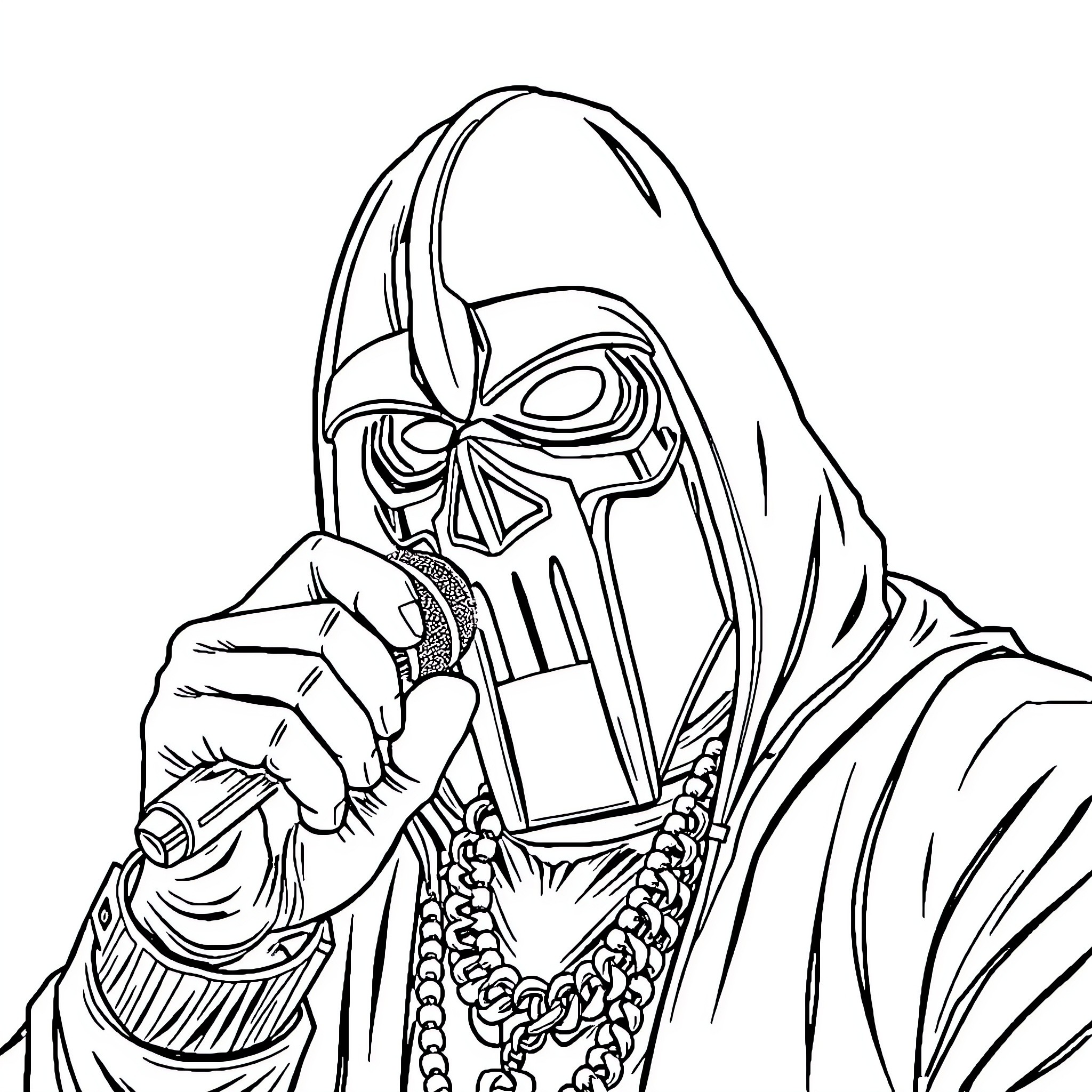 MF DOOM stylized in hooded outfit with mask Coloring Page (free black-and-white line drawing printable PDF for all, from beginners to advanced learners, including children, teens, adults, and seniors)