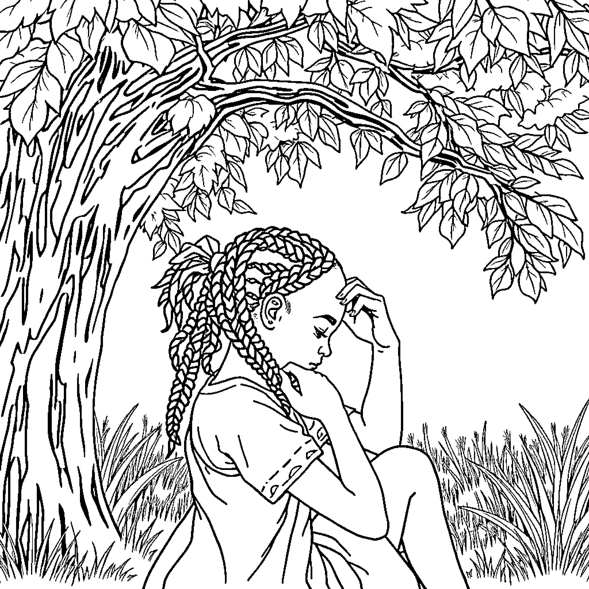 Girl relaxing peacefully in nature's embrace Coloring Page (free black-and-white line drawing printable PDF for all, from beginners to advanced learners, including children, teens, adults, and seniors)
