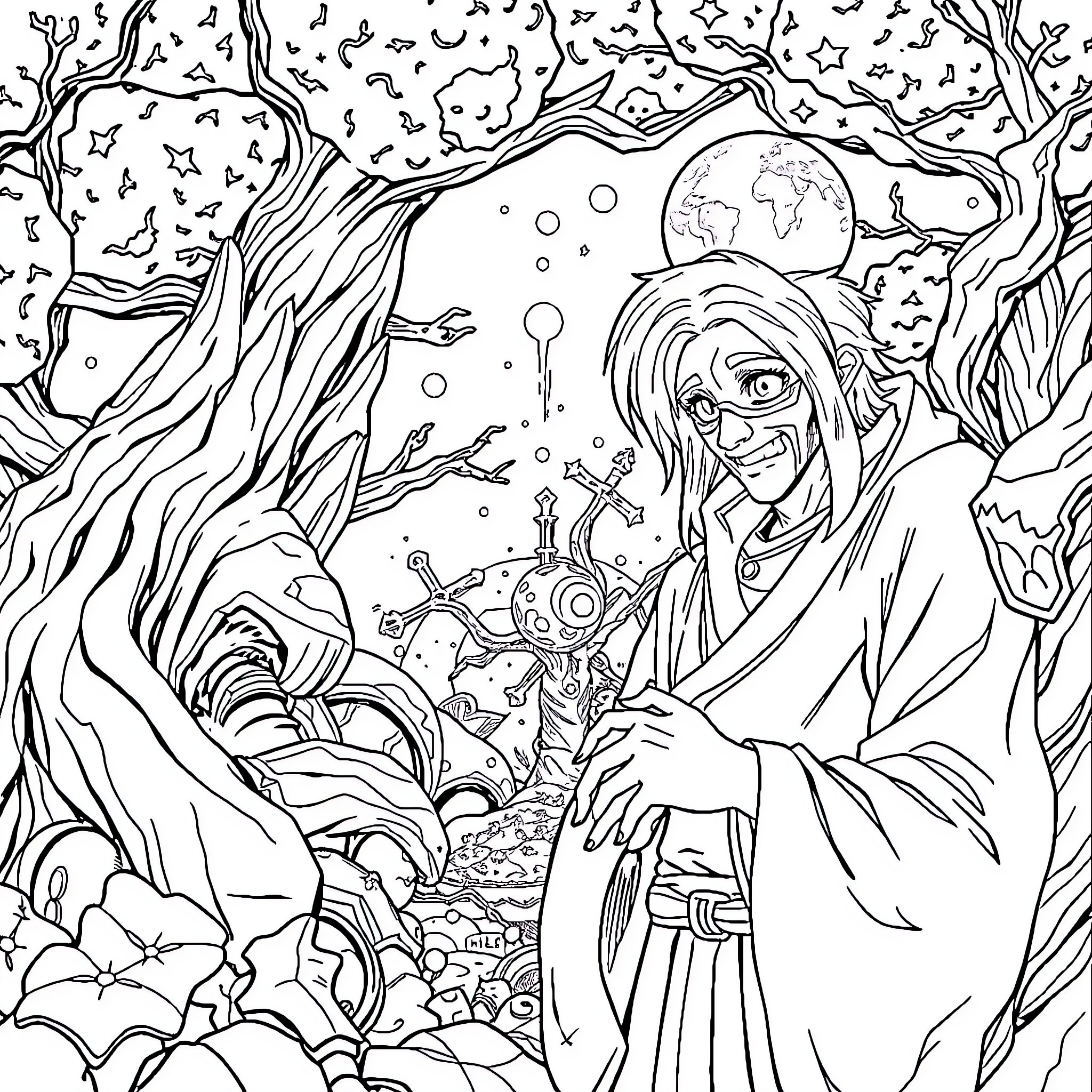Anime character in surreal forest landscape Coloring Page (free black-and-white line drawing printable PDF for all, from beginners to advanced learners, including children, teens, adults, and seniors)