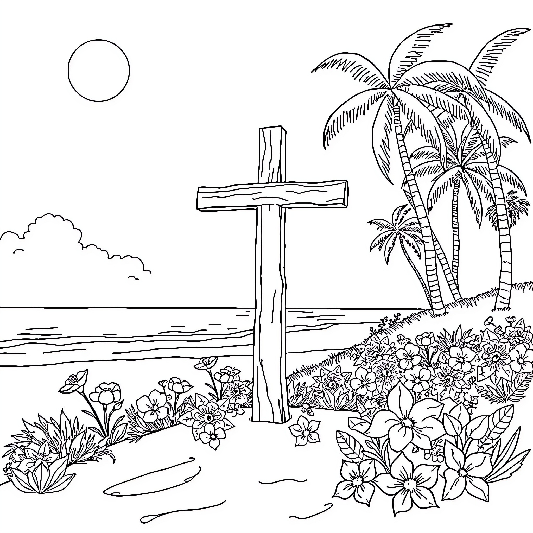 Cross on the Beach with Tropical Landscape Coloring Page (free black-and-white line drawing printable PDF for all, from beginners to advanced learners, including children, teens, adults, and seniors)
