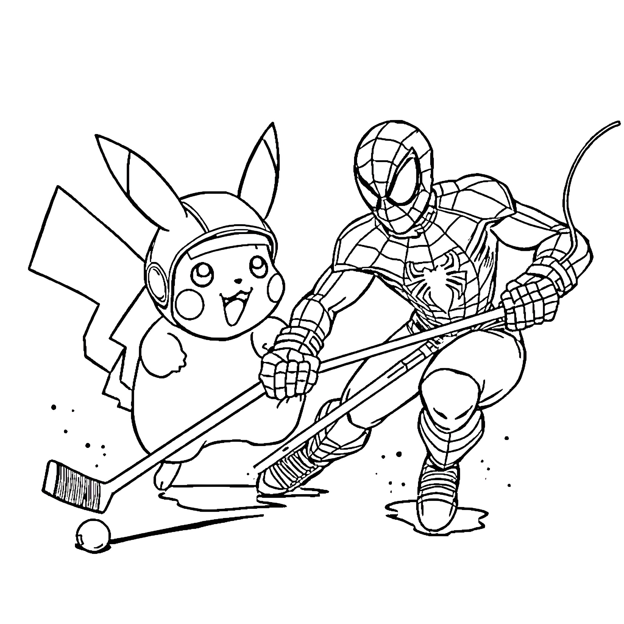 Pikachu and Spider-Man playing together Coloring Page (free black-and-white line drawing printable PDF for all, from beginners to advanced learners, including children, teens, adults, and seniors)
