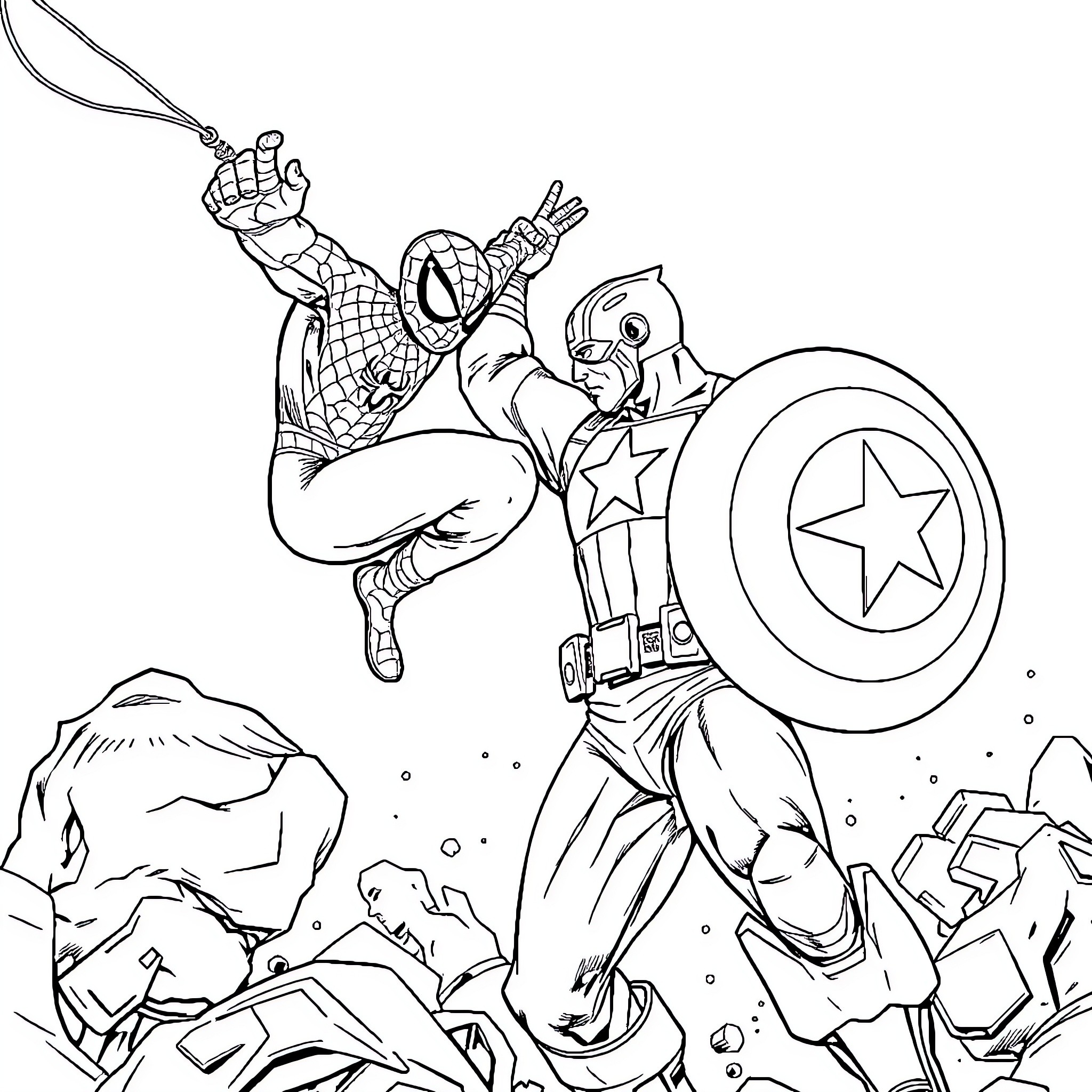 Spider-Man fighting alongside Captain America against villains Coloring Page (free black-and-white line drawing printable PDF for all, from beginners to advanced learners, including children, teens, adults, and seniors)