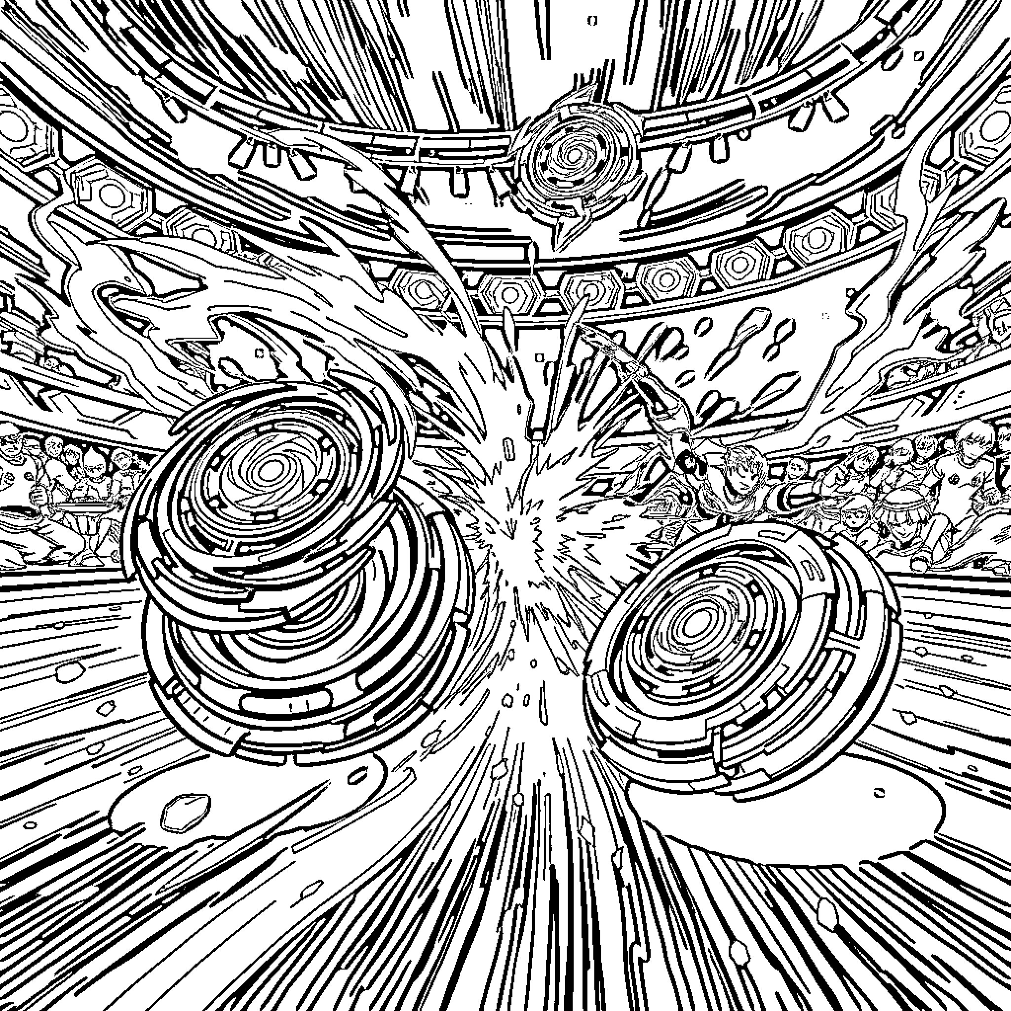 Beyblade Battle Explosion in Futuristic Arena Coloring Page (free black-and-white line drawing printable PDF for all, from beginners to advanced learners, including children, teens, adults, and seniors)