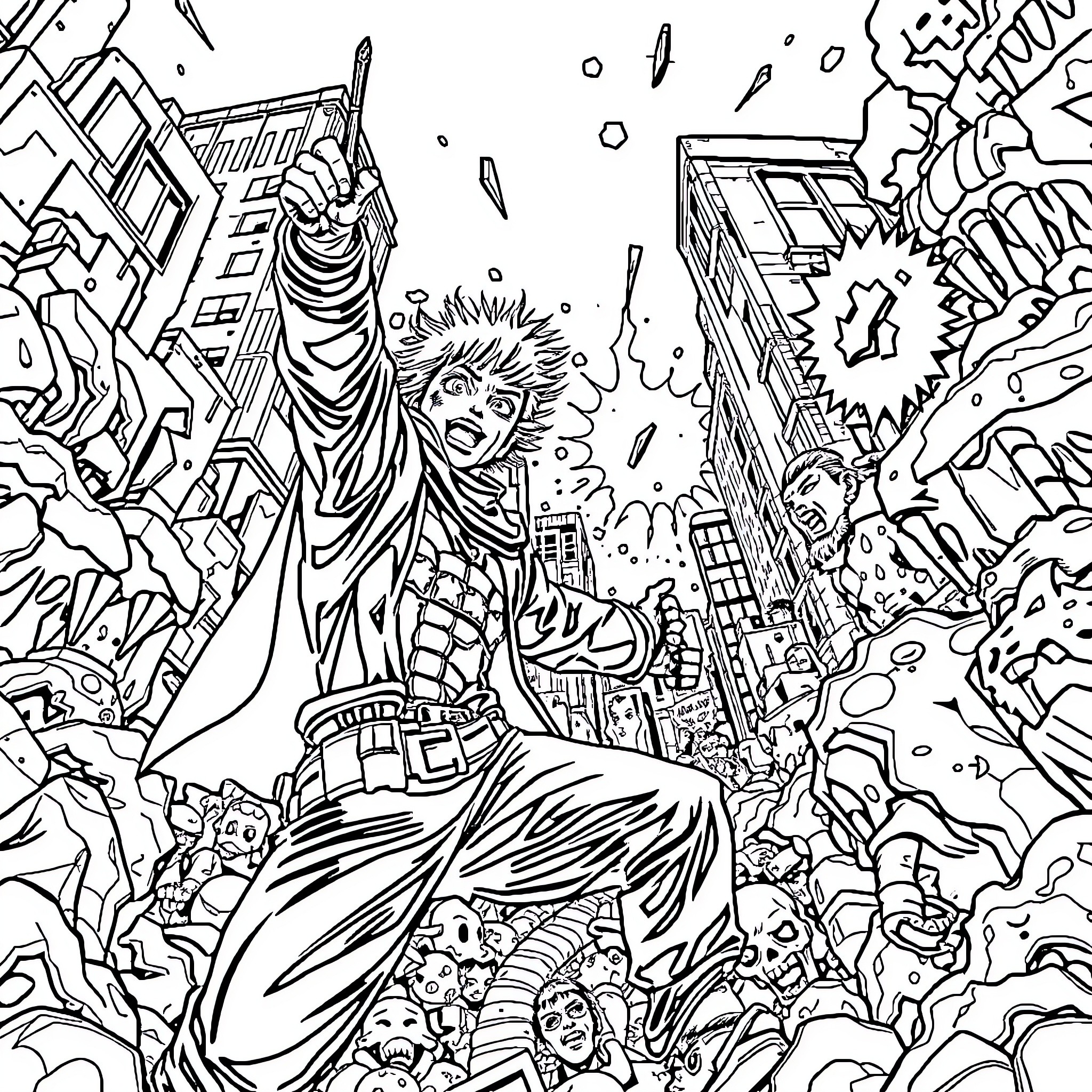 Manga Superhero Battles in the City Coloring Page (free black-and-white line drawing printable PDF for all, from beginners to advanced learners, including children, teens, adults, and seniors)