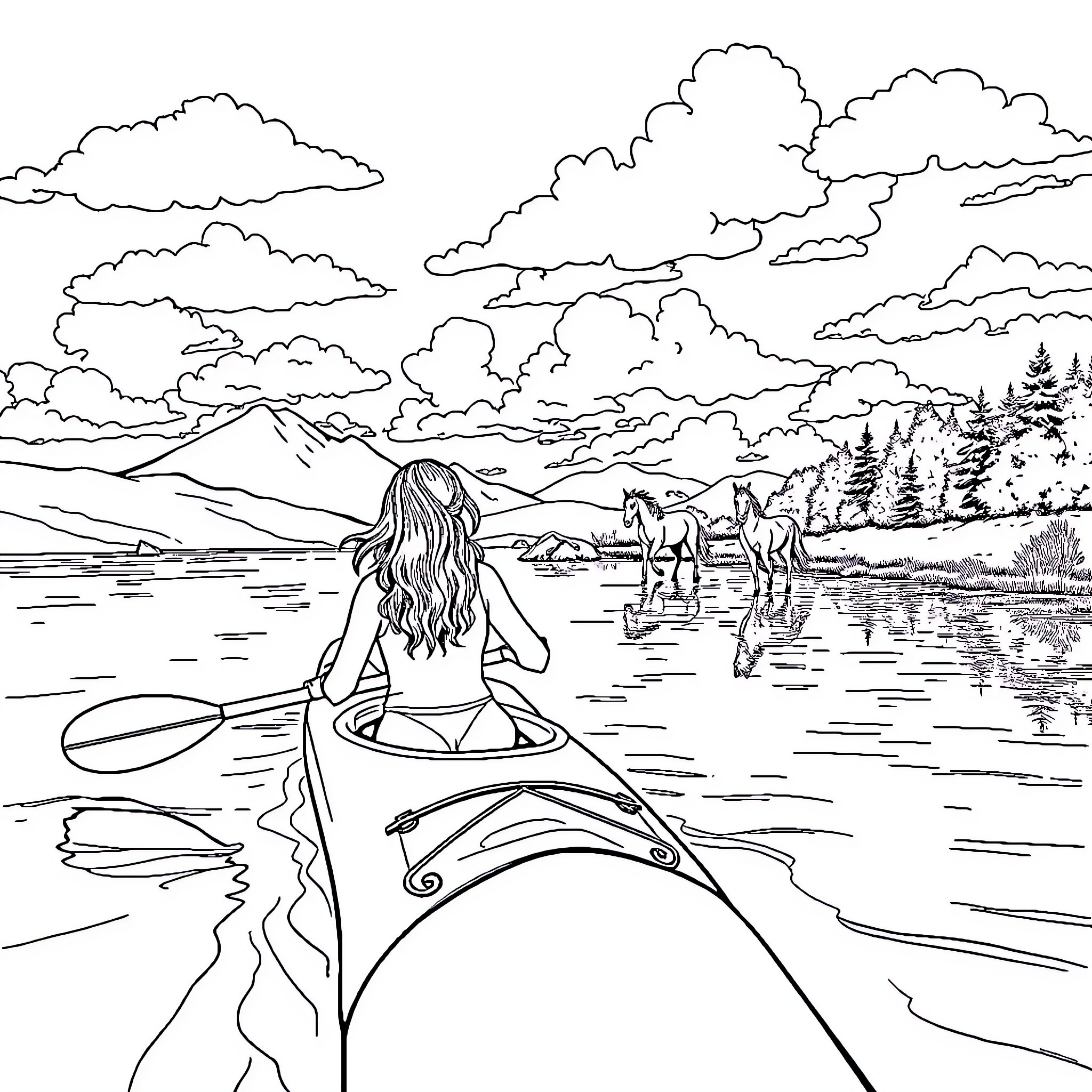 Taylor Swift enjoying a serene kayak ride in nature Coloring Page (free black-and-white line drawing printable PDF for all, from beginners to advanced learners, including children, teens, adults, and seniors)
