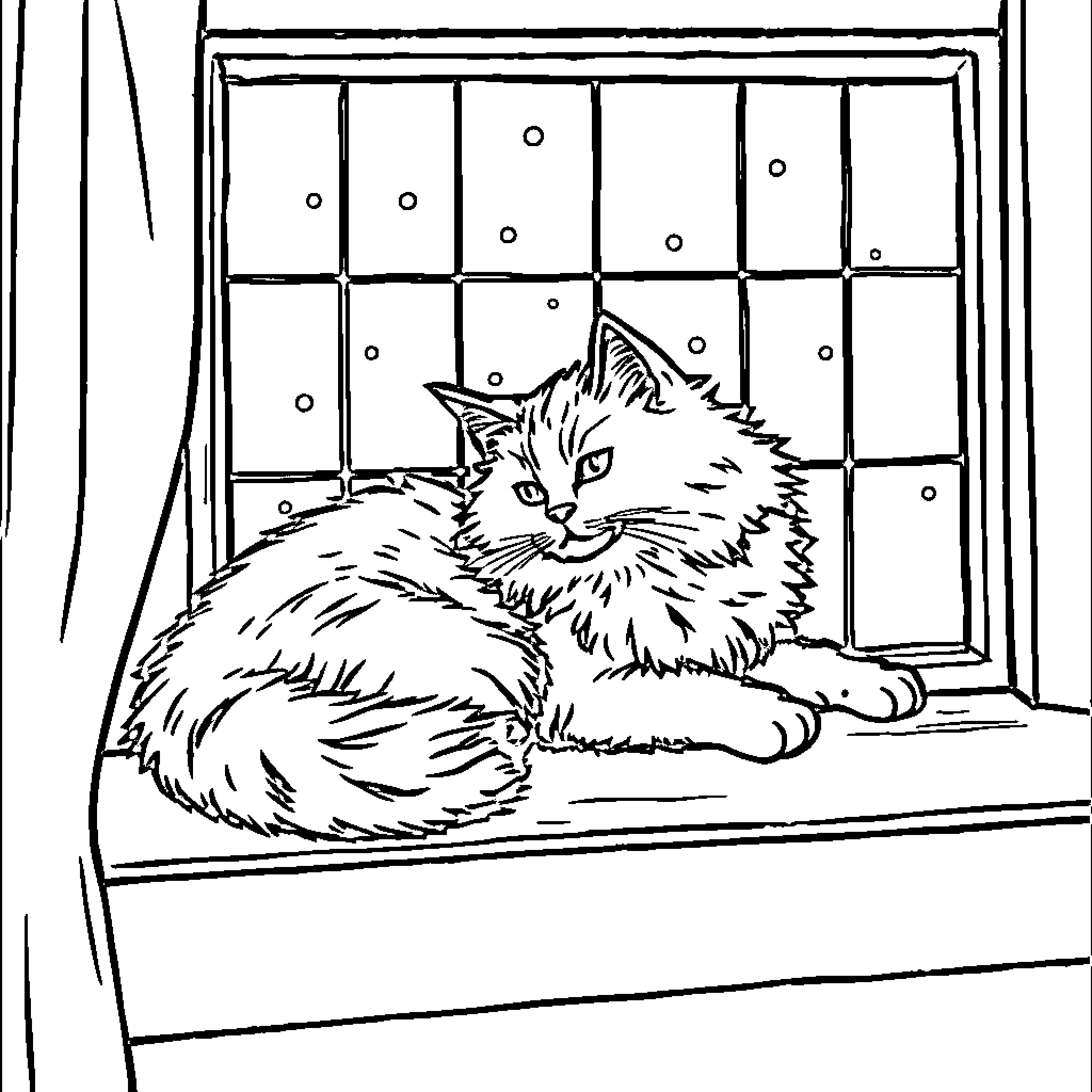 Cat relaxing by the window Coloring Page (free black-and-white line drawing printable PDF for all, from beginners to advanced learners, including children, teens, adults, and seniors)