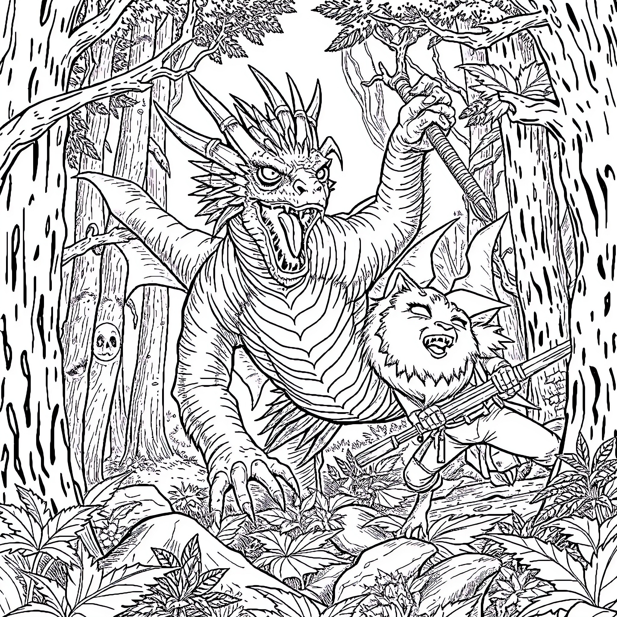 Rathalos ferociously battling in the jungle Coloring Page (free black-and-white line drawing printable PDF for all, from beginners to advanced learners, including children, teens, adults, and seniors)