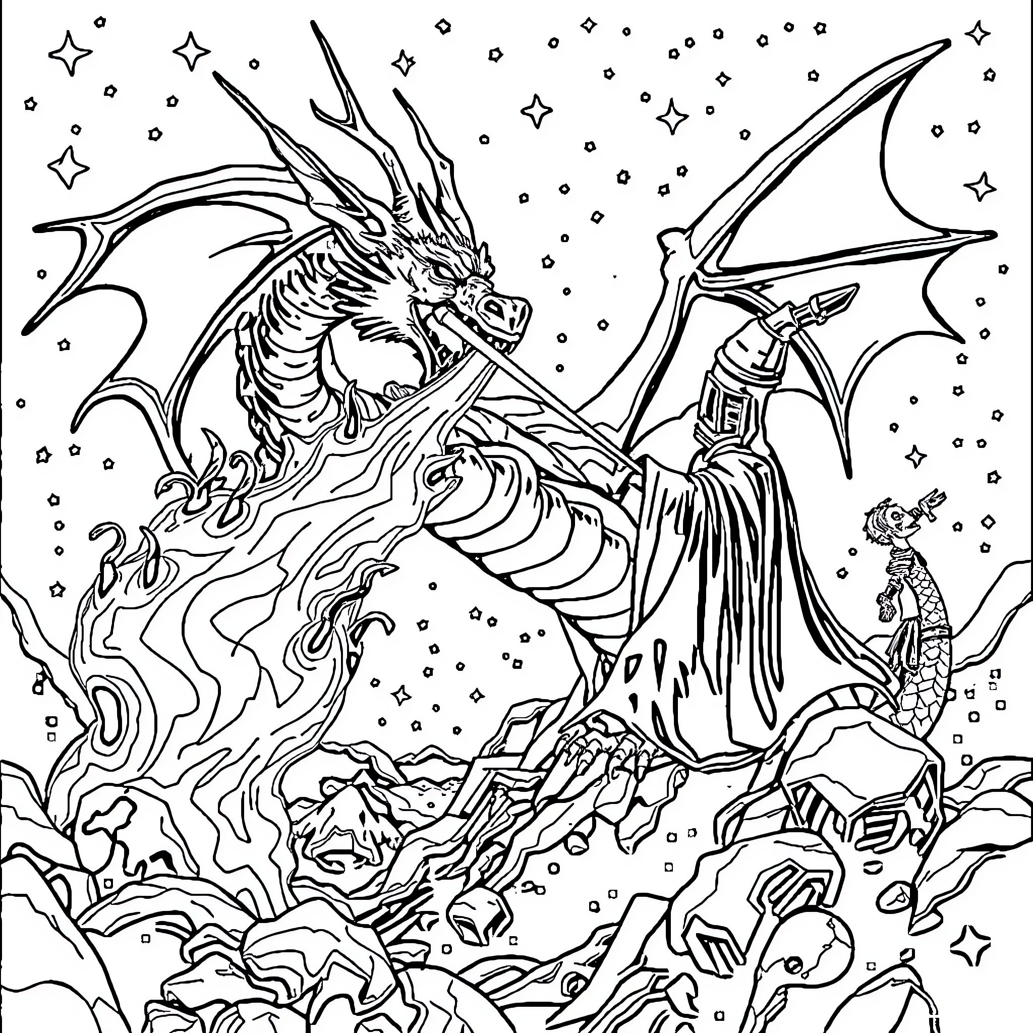Dragon's Celestial Dance amidst Mystic Realms Coloring Page (free black-and-white line drawing printable PDF for all, from beginners to advanced learners, including children, teens, adults, and seniors)