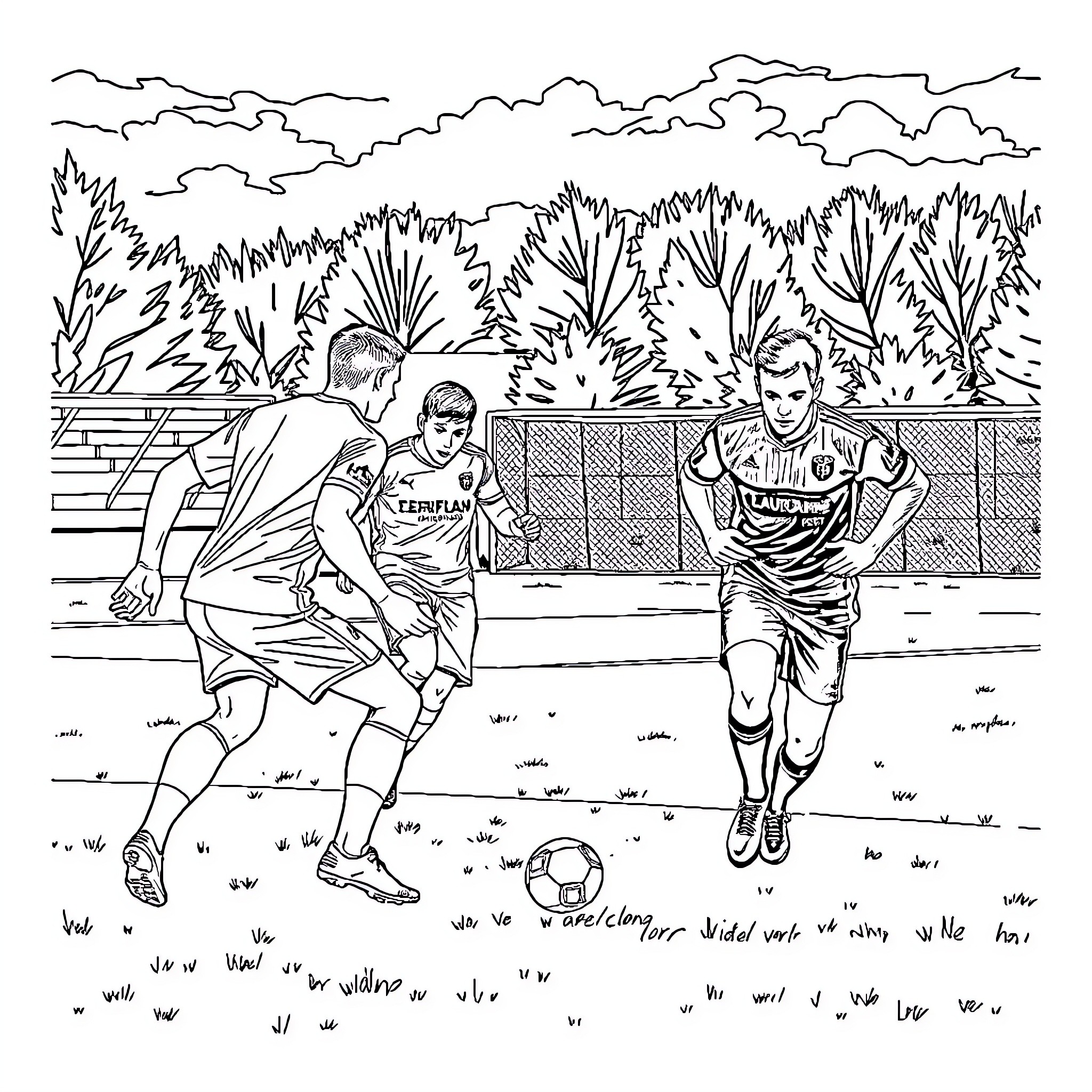 Lausanne Sport players engage in a lively soccer match Coloring Page (free black-and-white line drawing printable PDF for all, from beginners to advanced learners, including children, teens, adults, and seniors)
