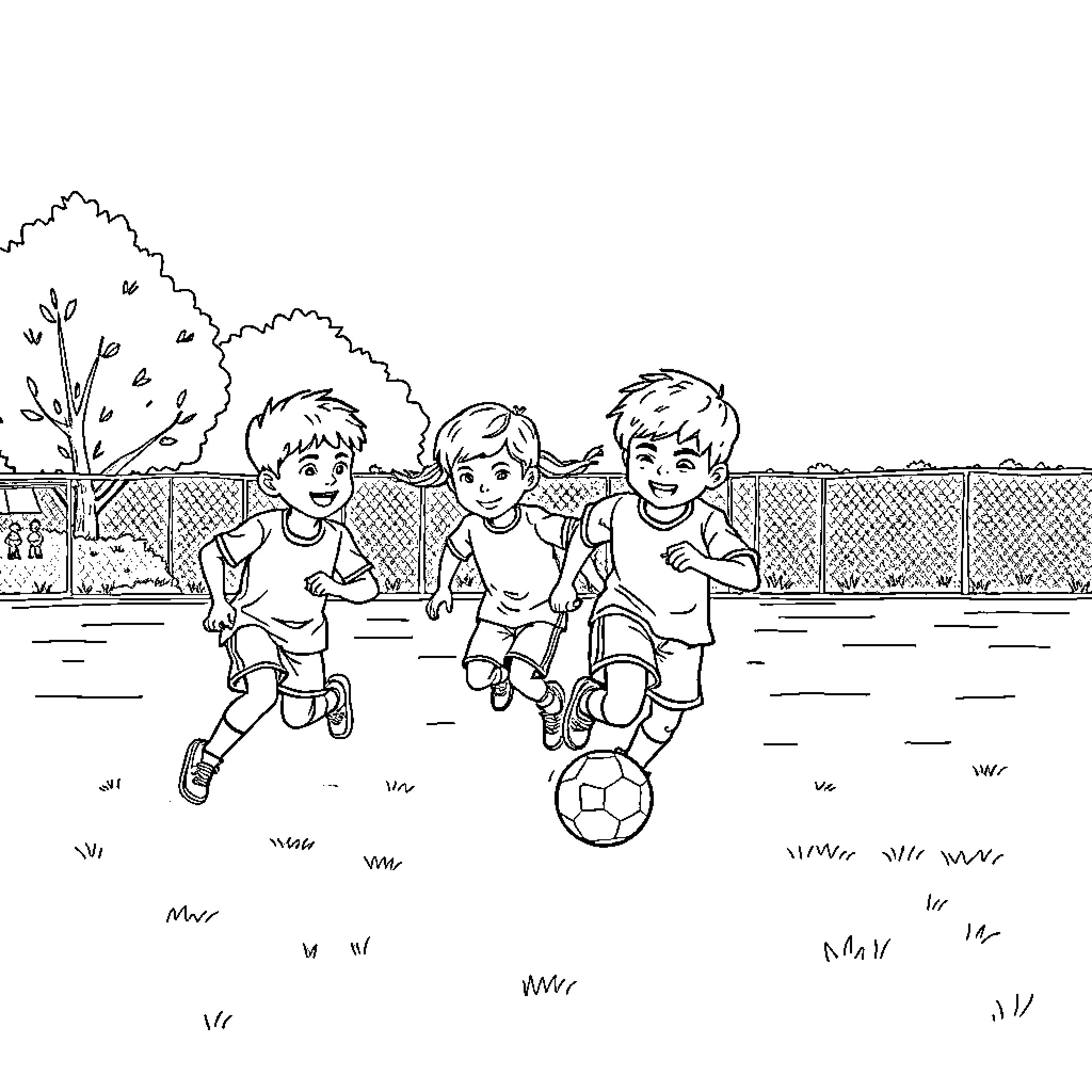 Child playing soccer happily with friends outdoors Coloring Page (free black-and-white line drawing printable PDF for all, from beginners to advanced learners, including children, teens, adults, and seniors)