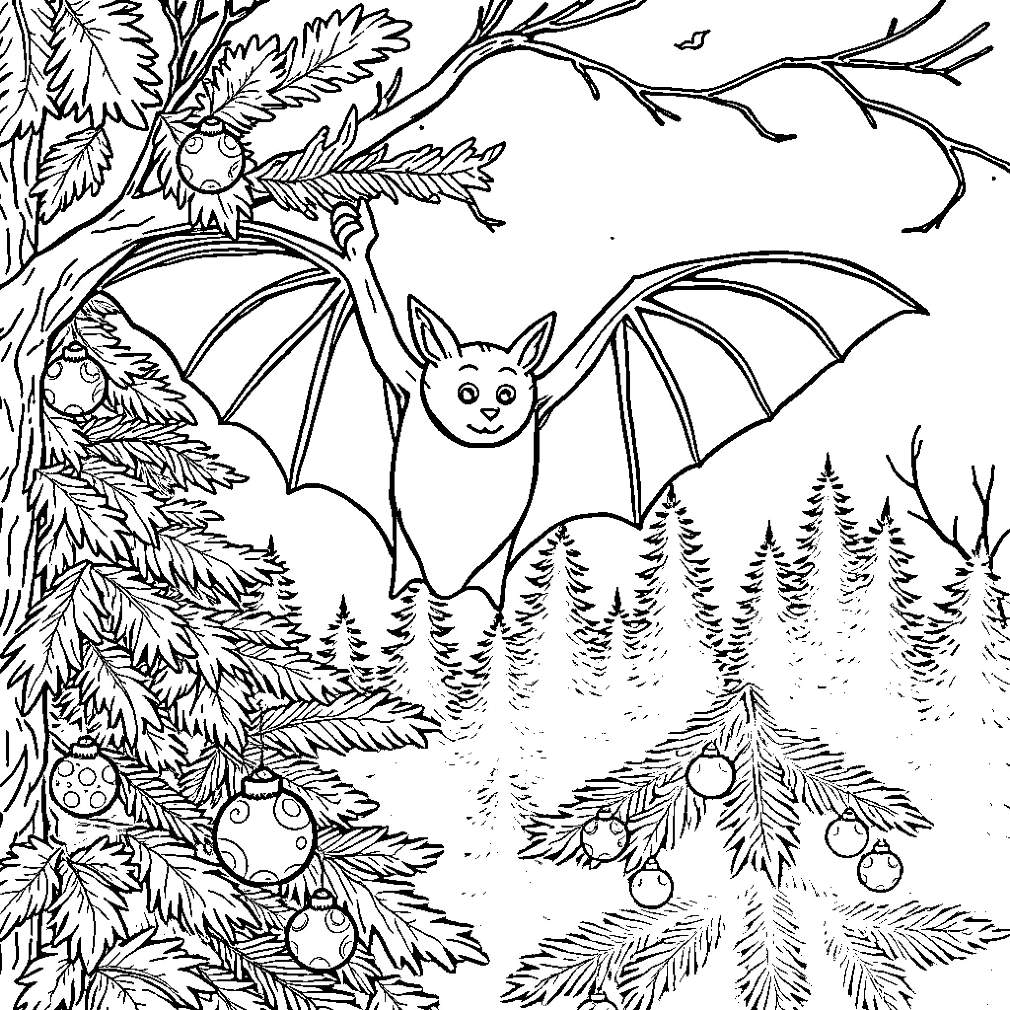 Bat soaring through whimsical forest scene Coloring Page (free black-and-white line drawing printable PDF for all, from beginners to advanced learners, including children, teens, adults, and seniors)