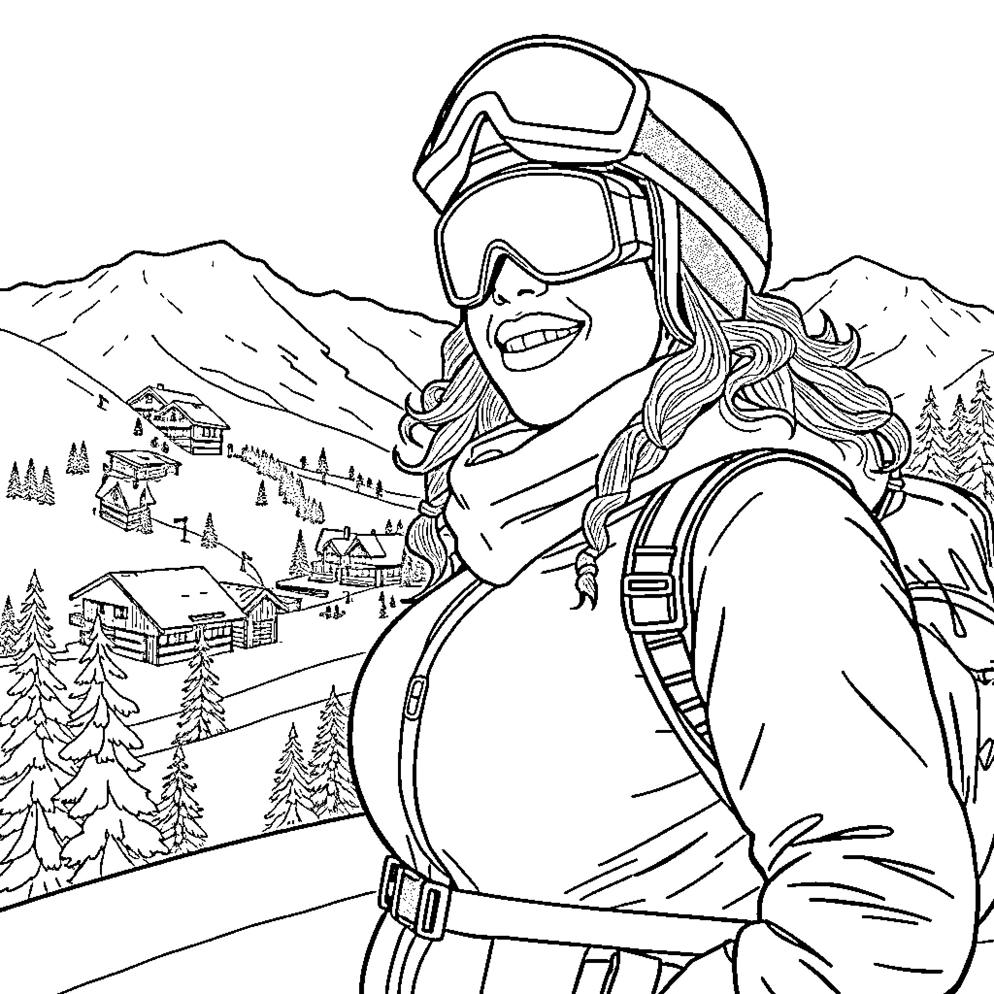 Woman enjoying the winter landscape in ski gear Coloring Page (free black-and-white line drawing printable PDF for all, from beginners to advanced learners, including children, teens, adults, and seniors)