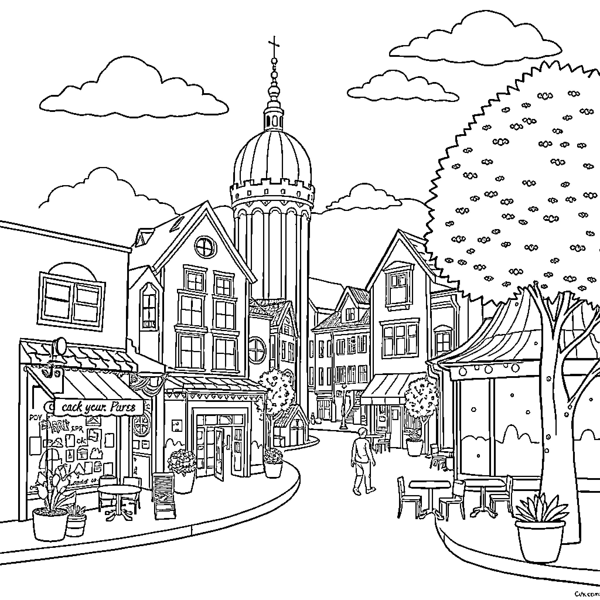 Place with historic buildings and bustling street scene Coloring Page (free black-and-white line drawing printable PDF for all, from beginners to advanced learners, including children, teens, adults, and seniors)