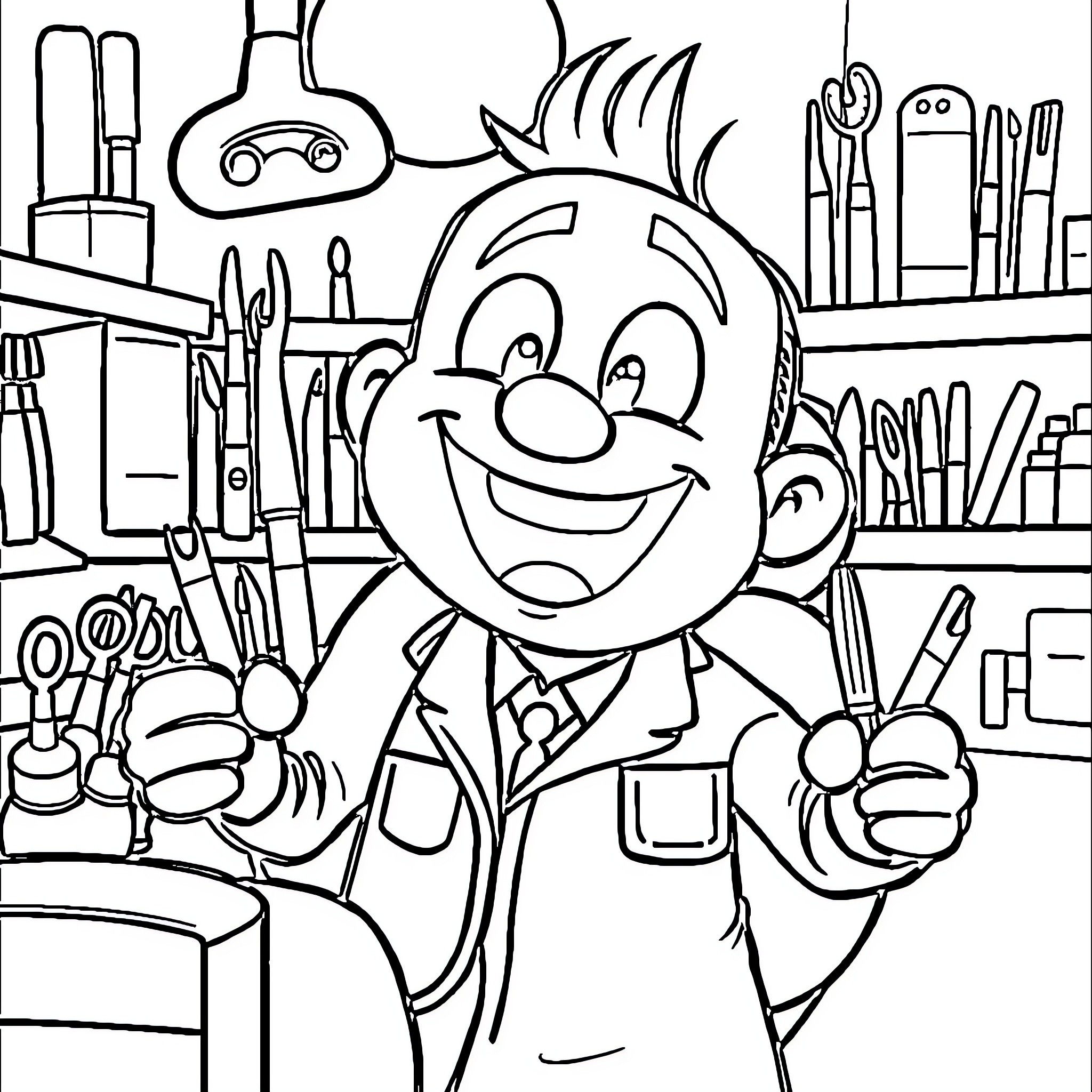 Minato explores the exciting world of tools and instruments Coloring Page (free black-and-white line drawing printable PDF for all, from beginners to advanced learners, including children, teens, adults, and seniors)