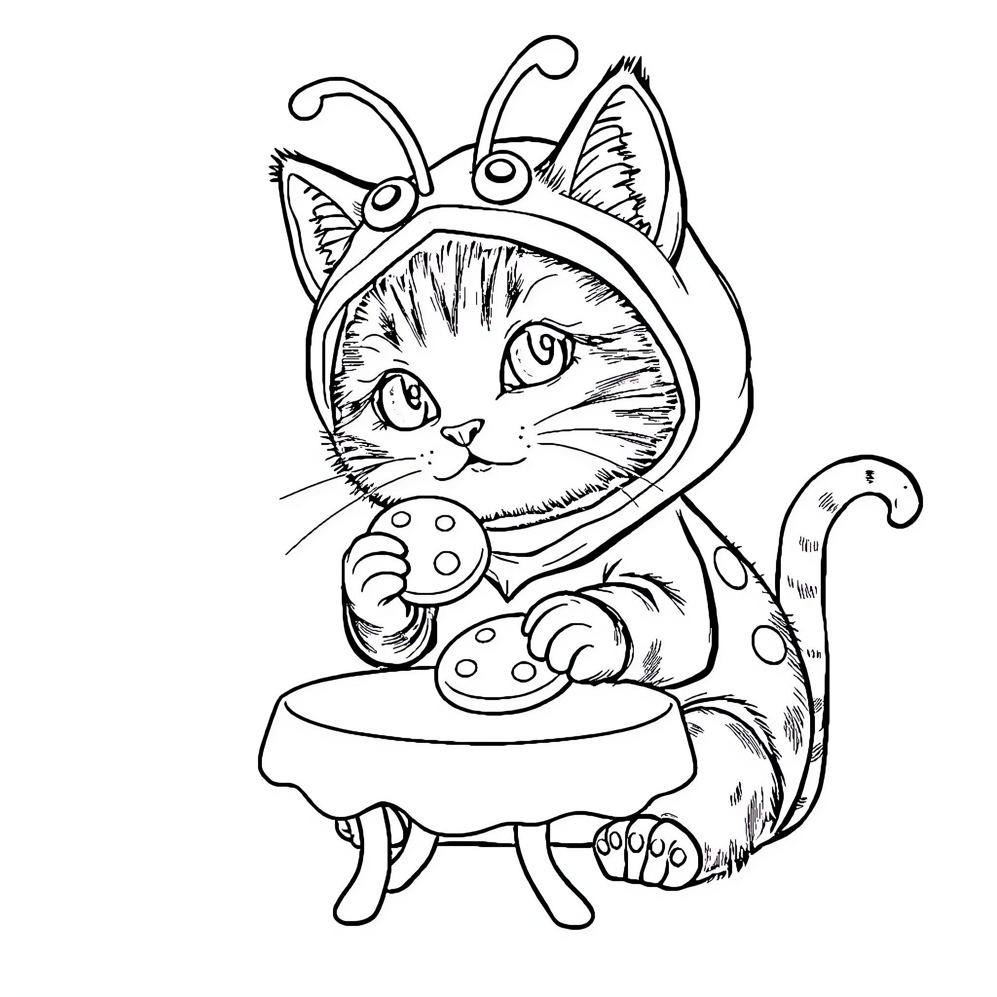 Chat with curious kitty in costume Coloring Page (free black-and-white line drawing printable PDF for all, from beginners to advanced learners, including children, teens, adults, and seniors)