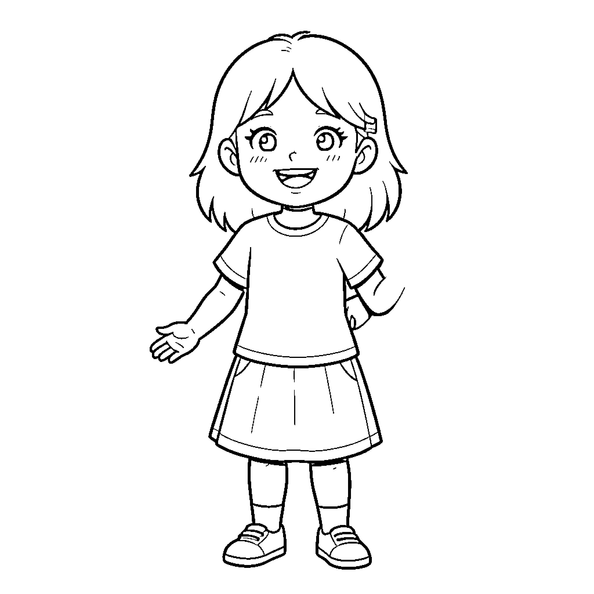 Wonhee smiling brightly while wearing a t-shirt and skirt Coloring Page (free black-and-white line drawing printable PDF for all, from beginners to advanced learners, including children, teens, adults, and seniors)