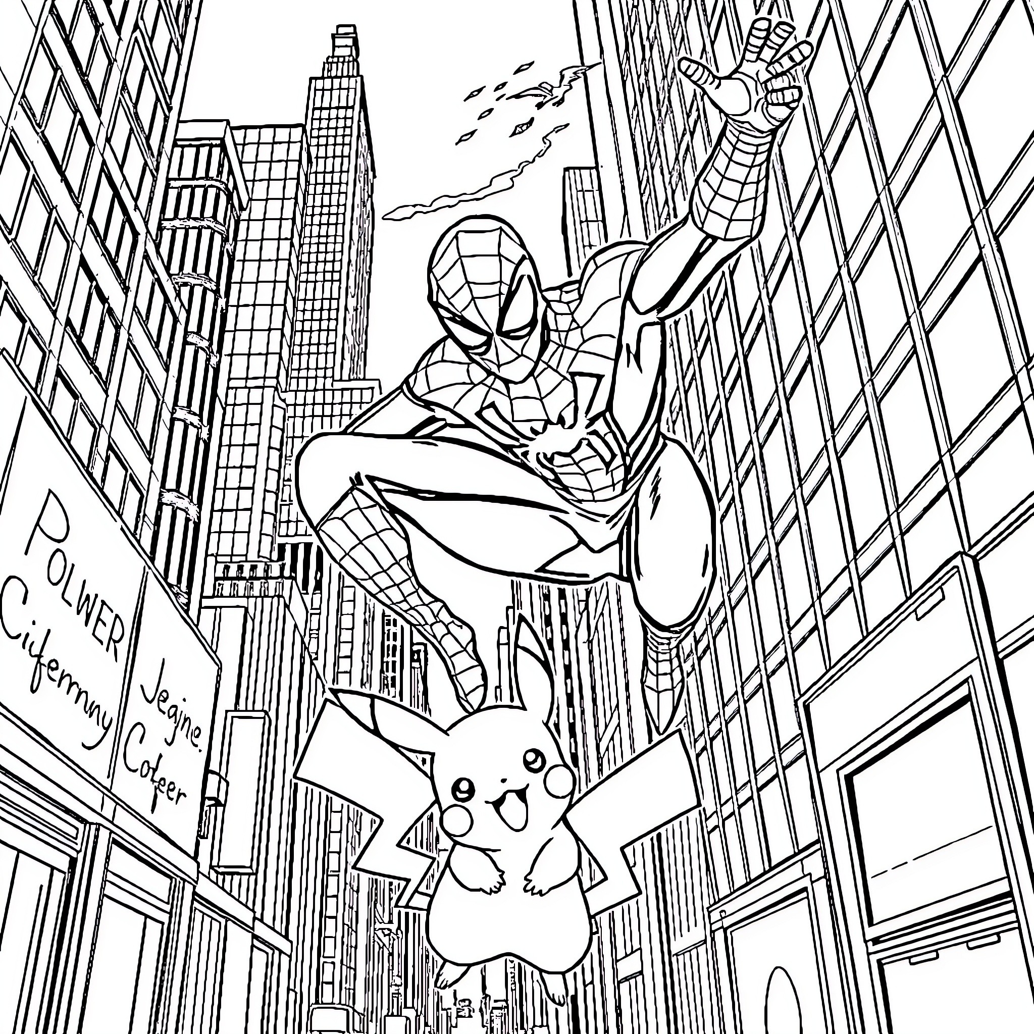 Spiderman swinging through the city with Pikachu Coloring Page (free black-and-white line drawing printable PDF for all, from beginners to advanced learners, including children, teens, adults, and seniors)