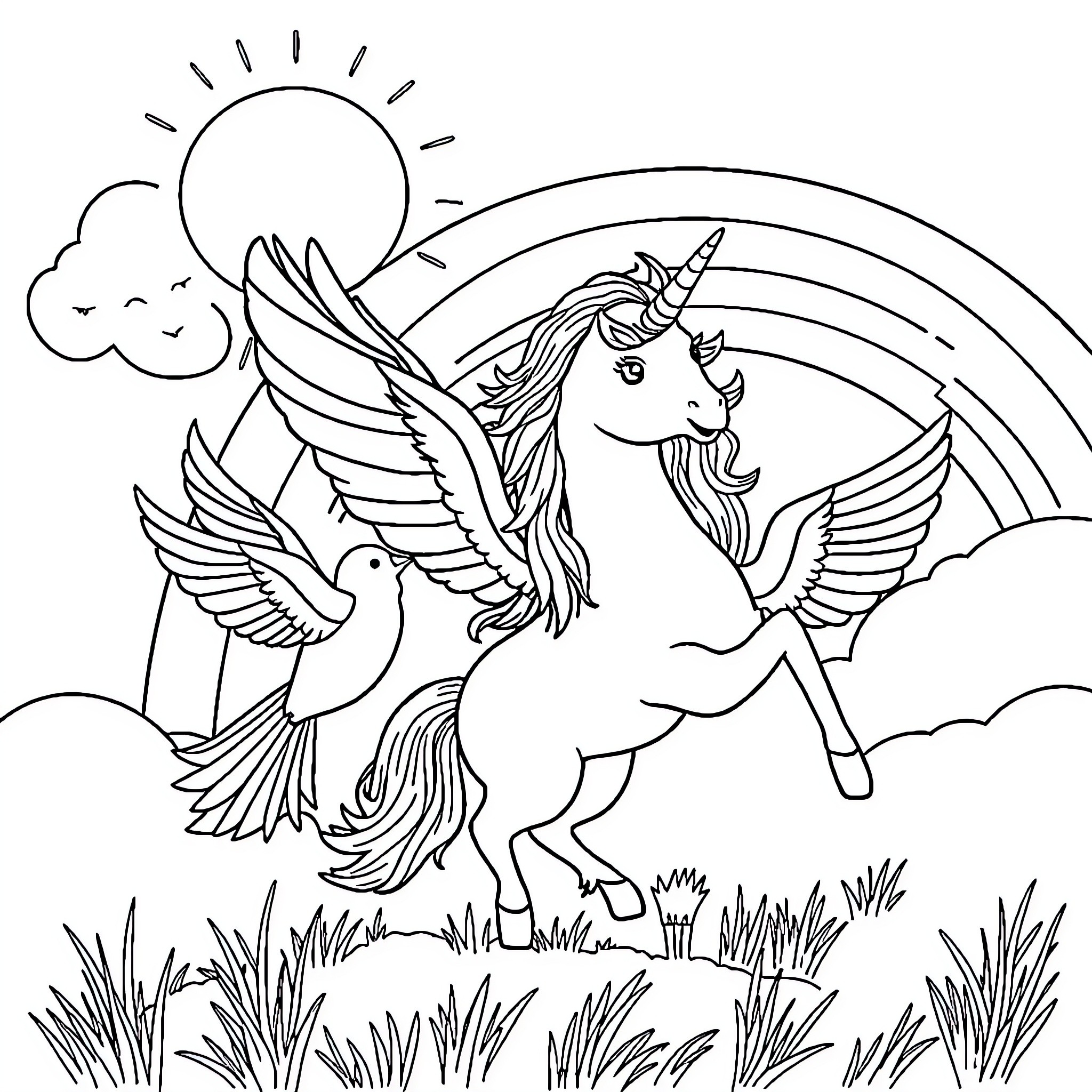 Bird flying alongside a magical unicorn in a tranquil scene Coloring Page (free black-and-white line drawing printable PDF for all, from beginners to advanced learners, including children, teens, adults, and seniors)