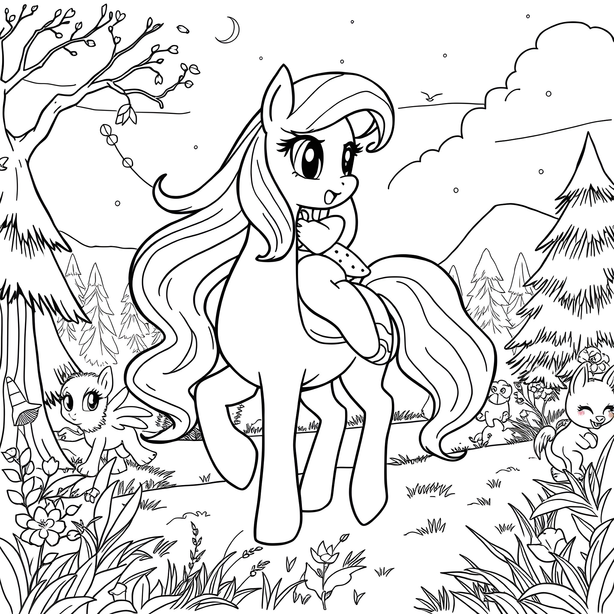 Wednesday in the Enchanted Forest Coloring Page (free black-and-white line drawing printable PDF for all, from beginners to advanced learners, including children, teens, adults, and seniors)