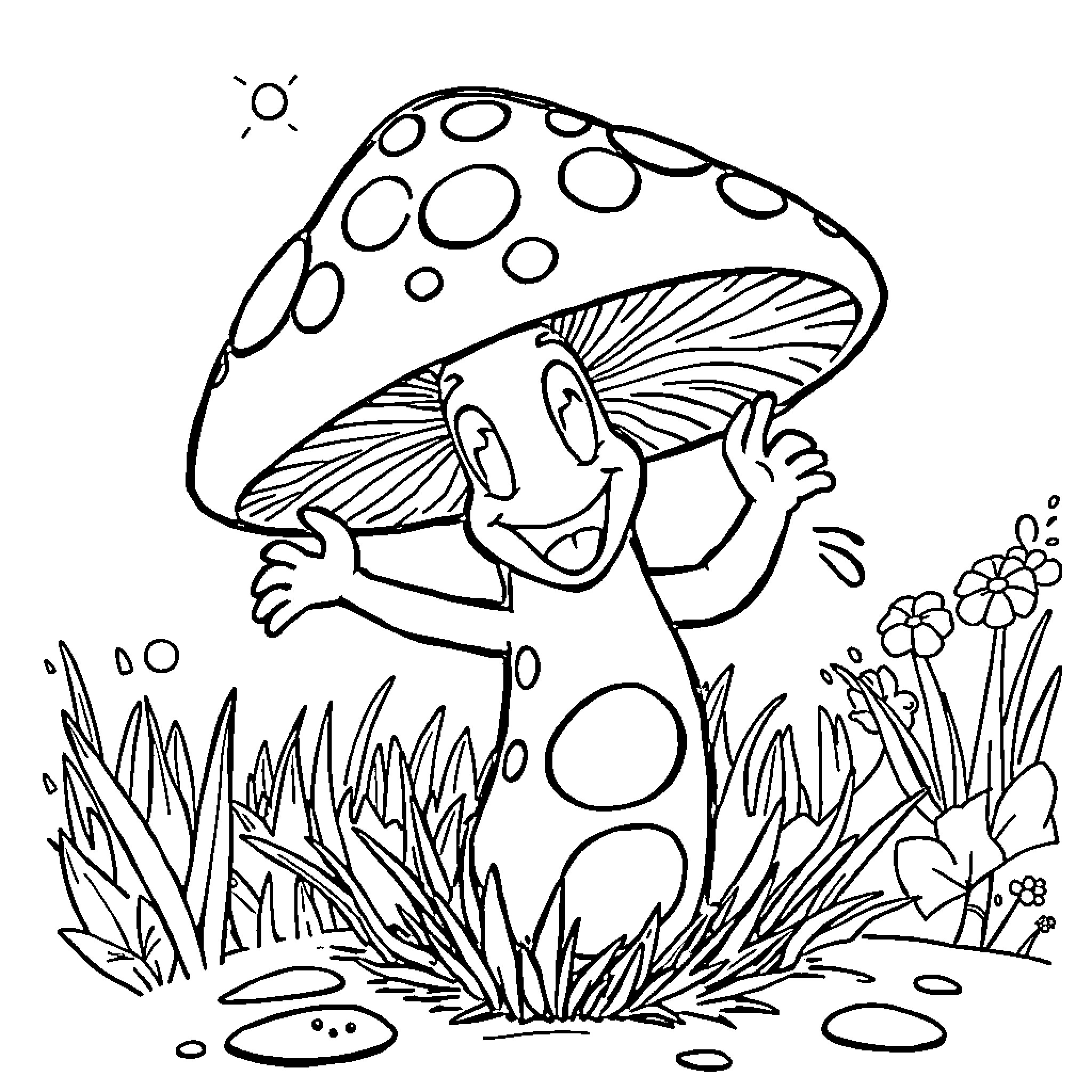 Mushroom character waving in nature scene Coloring Page (free black-and-white line drawing printable PDF for all, from beginners to advanced learners, including children, teens, adults, and seniors)