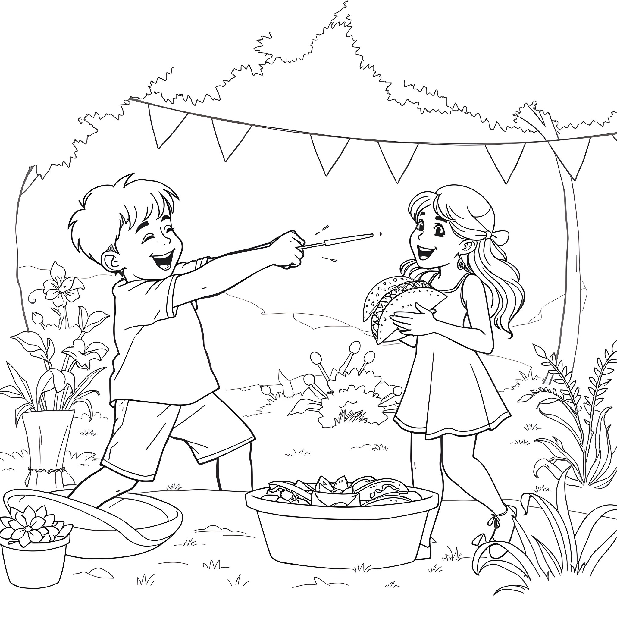 Boy and girl playing happily in a festive garden Coloring Page (free black-and-white line drawing printable PDF for all, from beginners to advanced learners, including children, teens, adults, and seniors)