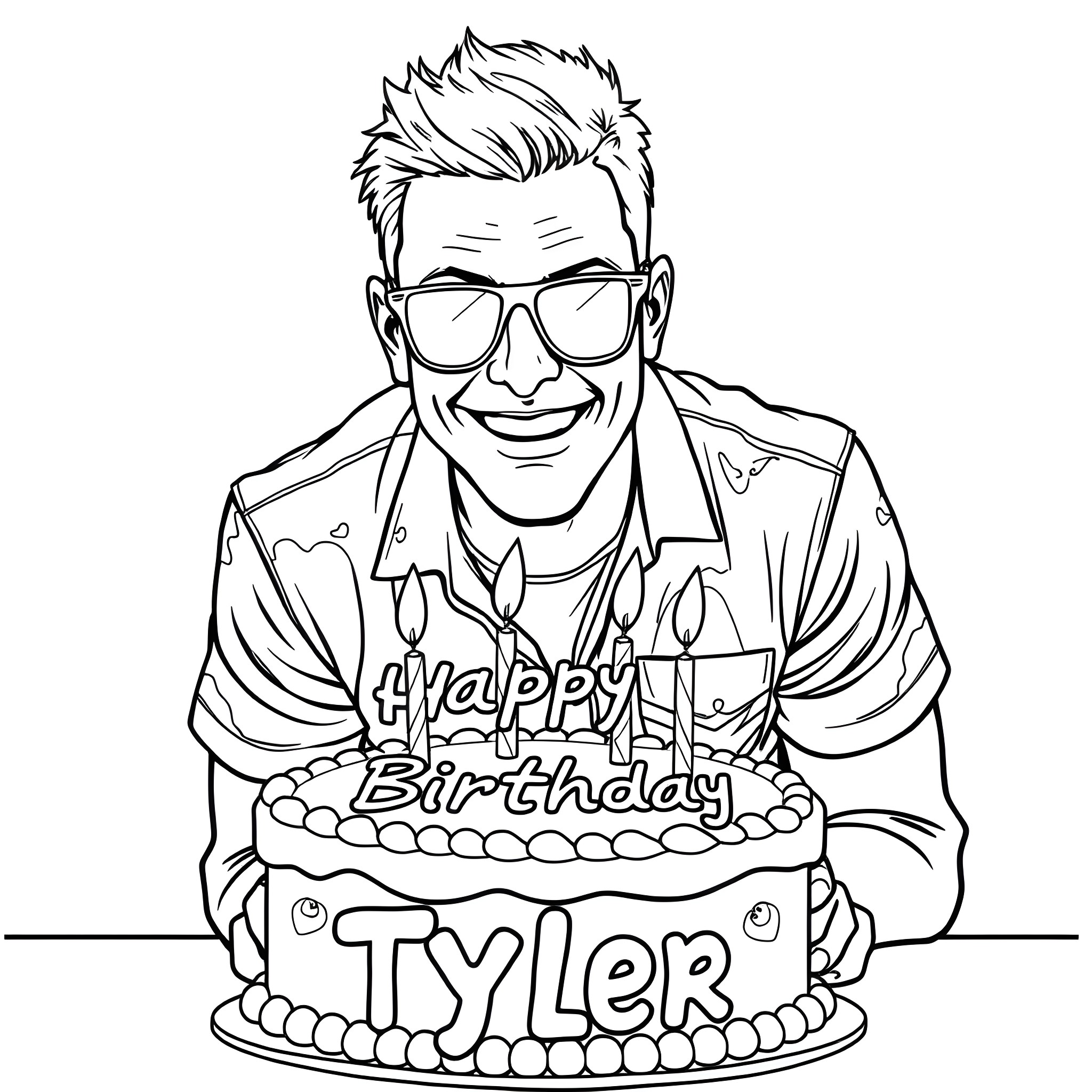 Man celebrating birthday with cake Coloring Page (free black-and-white line drawing printable PDF for all, from beginners to advanced learners, including children, teens, adults, and seniors)