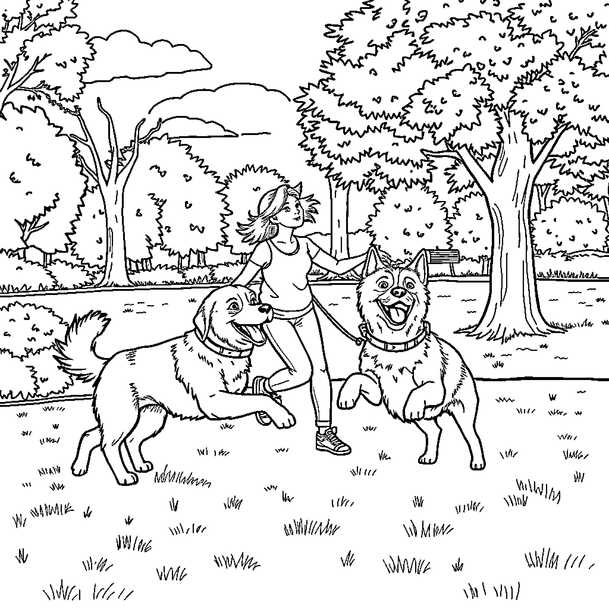 Dog playing joyfully with owner in park Coloring Page (free black-and-white line drawing printable PDF for all, from beginners to advanced learners, including children, teens, adults, and seniors)