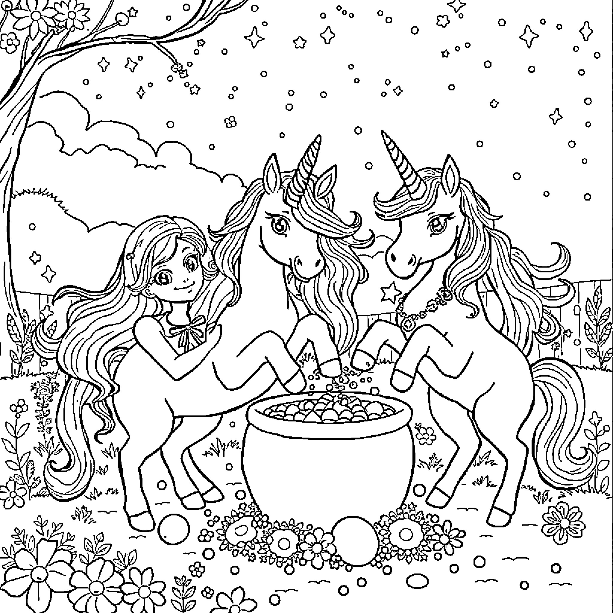 Unicorn Fairies Enjoying a Magical Night Coloring Page (free black-and-white line drawing printable PDF for all, from beginners to advanced learners, including children, teens, adults, and seniors)