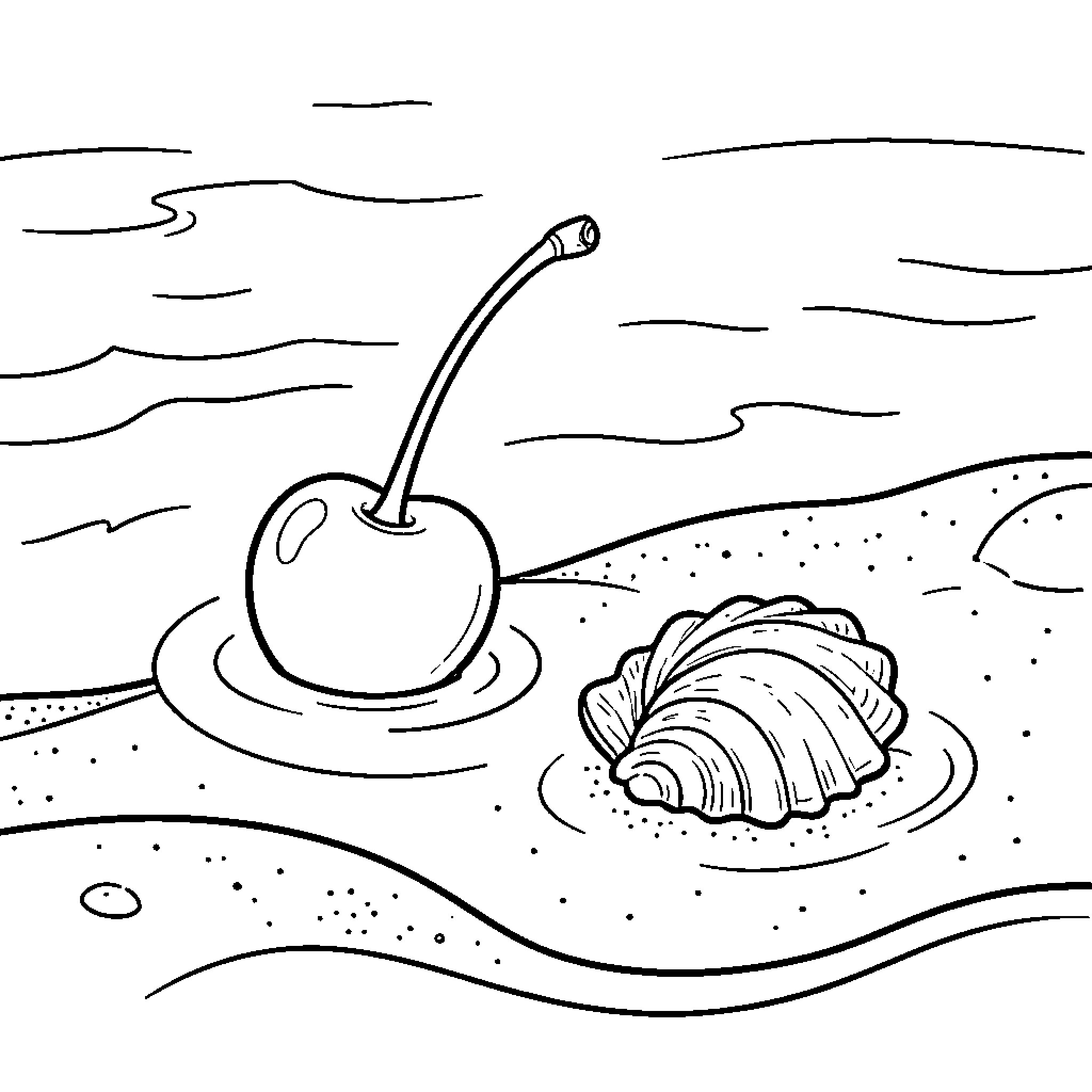 Cherry resting on a sandy beach near a seashell Coloring Page (free black-and-white line drawing printable PDF for all, from beginners to advanced learners, including children, teens, adults, and seniors)