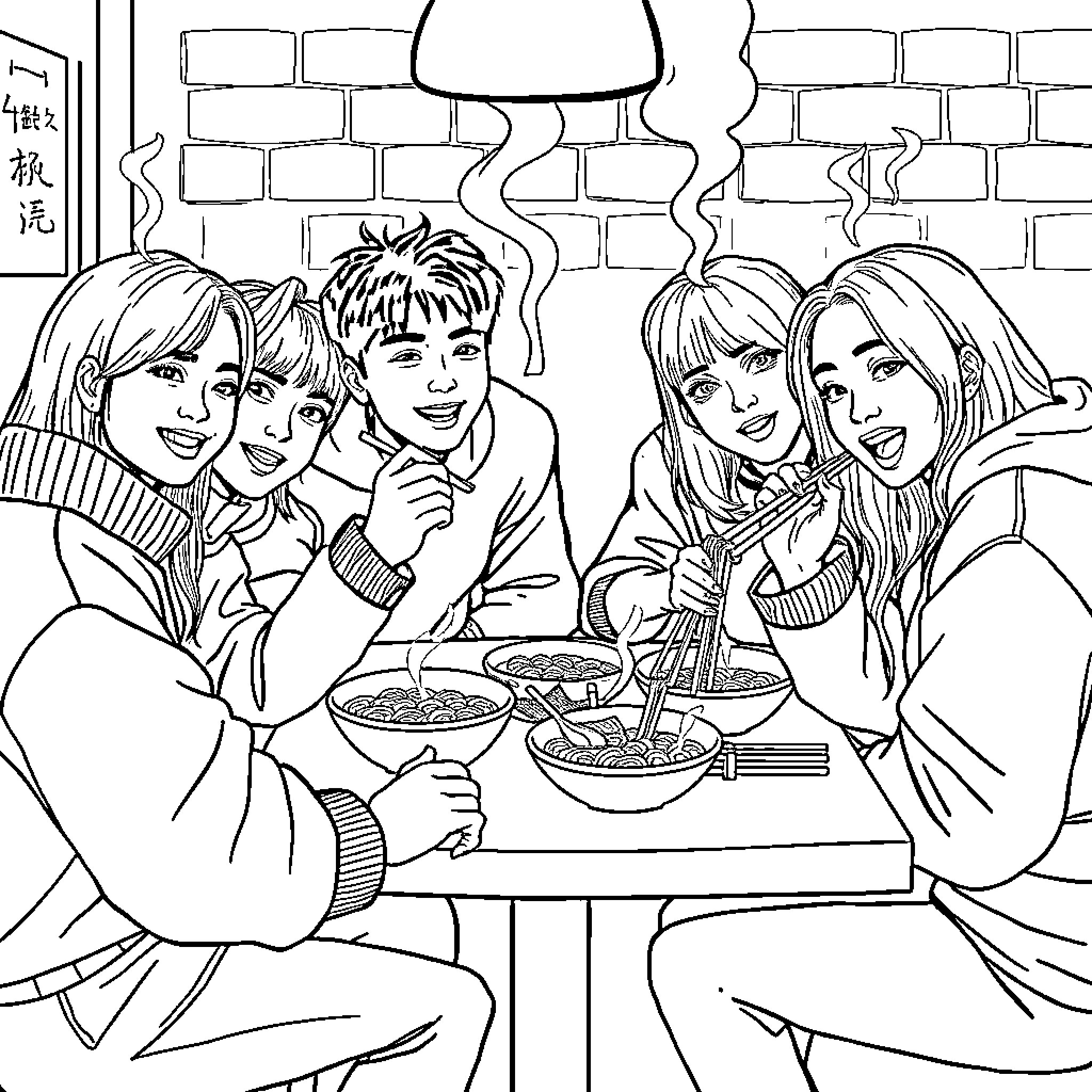 Kpop Friends Enjoying Casual Meal Together Coloring Page (free black-and-white line drawing printable PDF for all, from beginners to advanced learners, including children, teens, adults, and seniors)