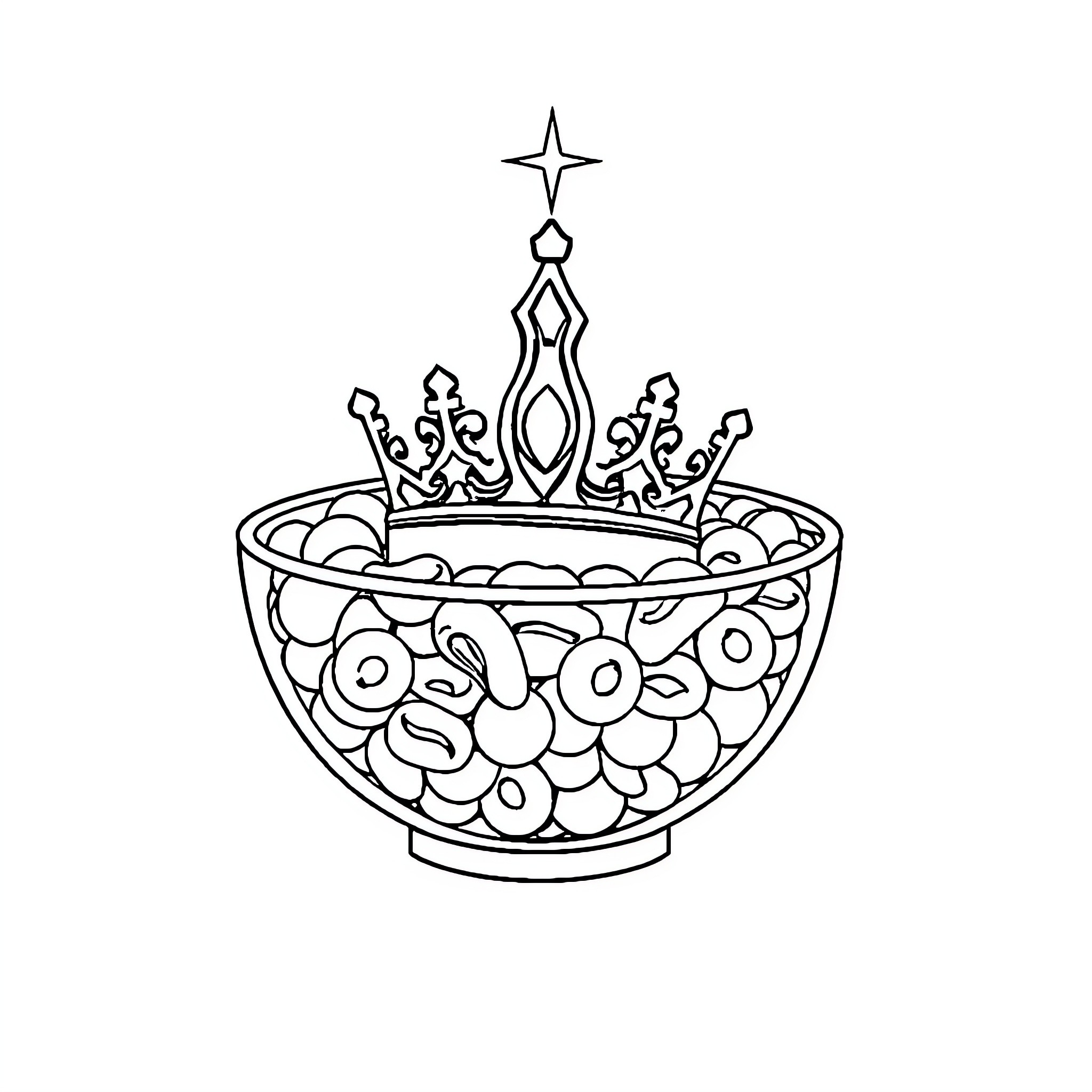 Crown-adorned Floral Bowl with Radiant Star Coloring Page (free black-and-white line drawing printable PDF for all, from beginners to advanced learners, including children, teens, adults, and seniors)