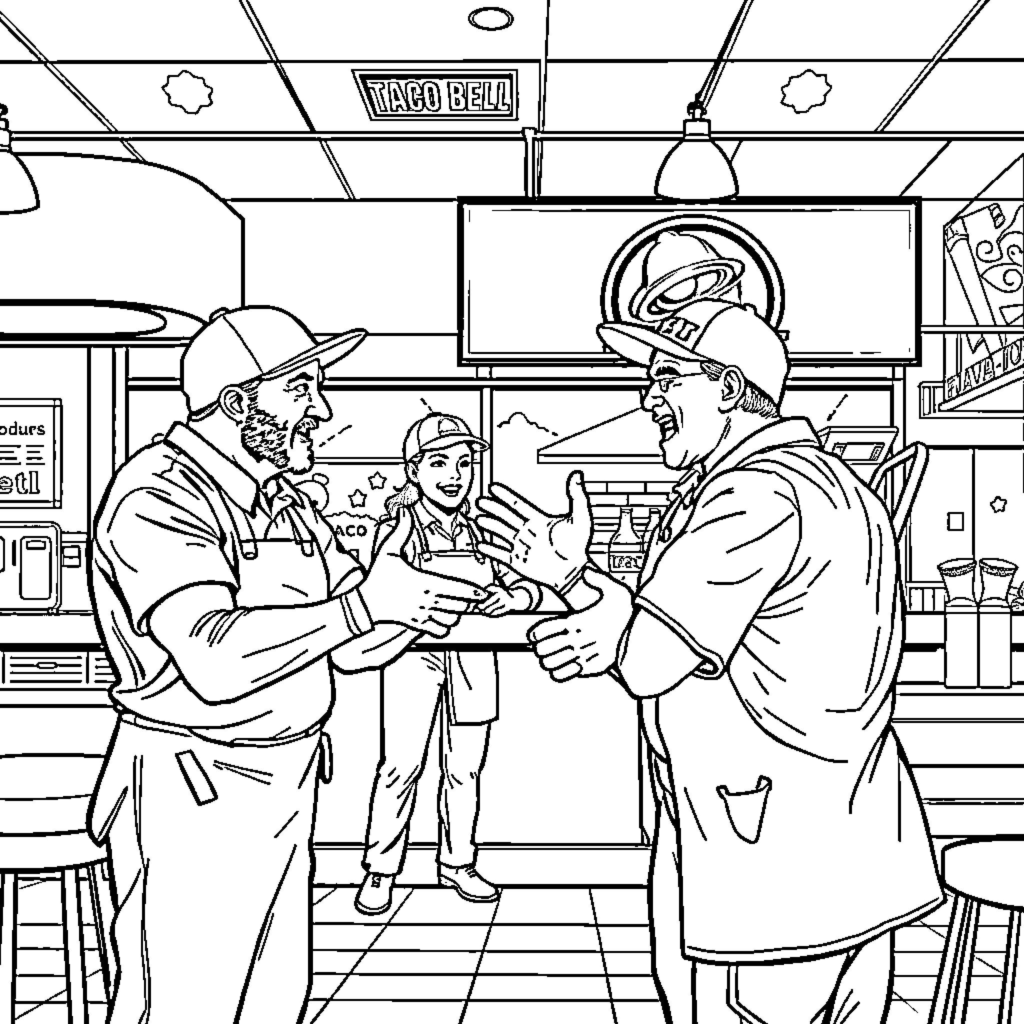 Taco Crew Celebrates Successful Project Coloring Page (free black-and-white line drawing printable PDF for all, from beginners to advanced learners, including children, teens, adults, and seniors)