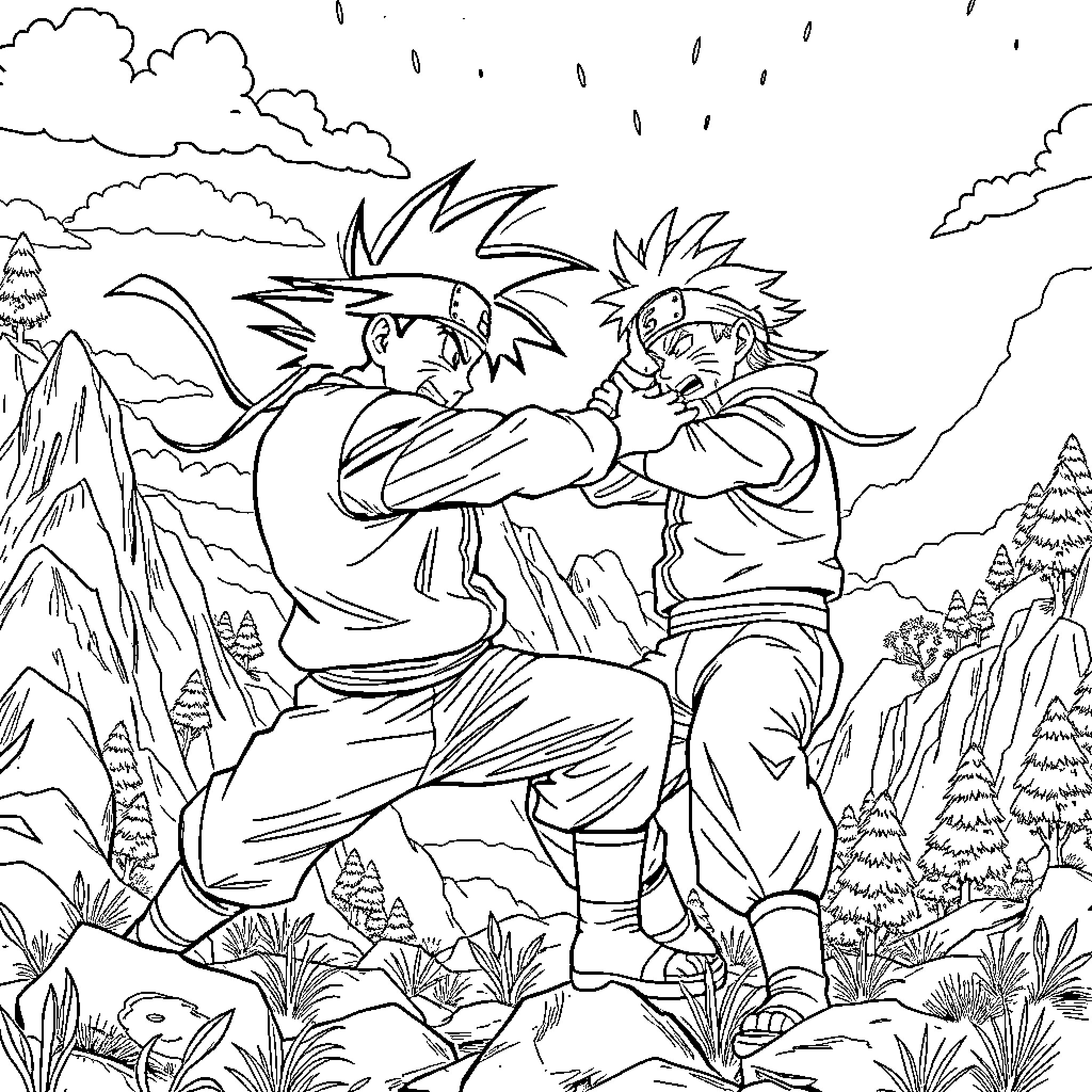 Naruto and Sasuke training in the wilderness Coloring Page (free black-and-white line drawing printable PDF for all, from beginners to advanced learners, including children, teens, adults, and seniors)