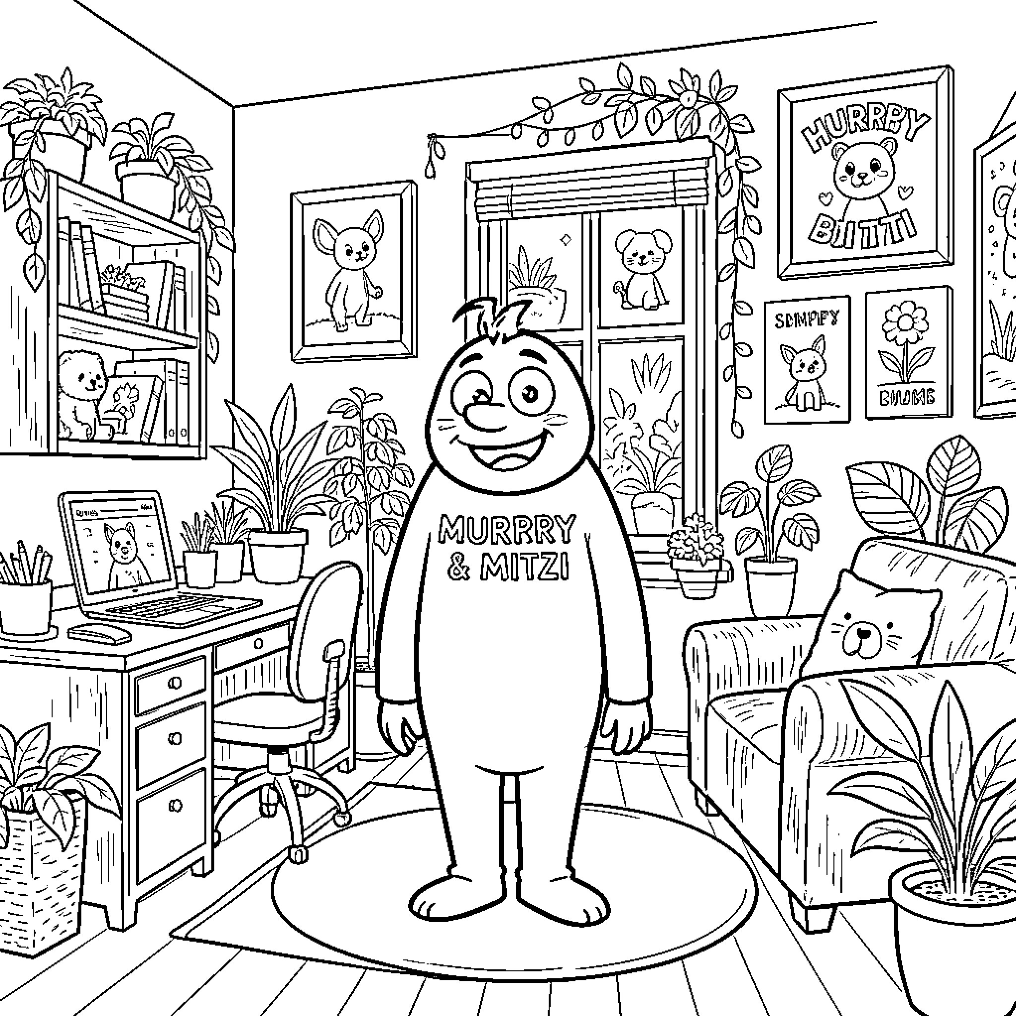 Murphy's Cozy Room with Friendly Characters Coloring Page (free black-and-white line drawing printable PDF for all, from beginners to advanced learners, including children, teens, adults, and seniors)