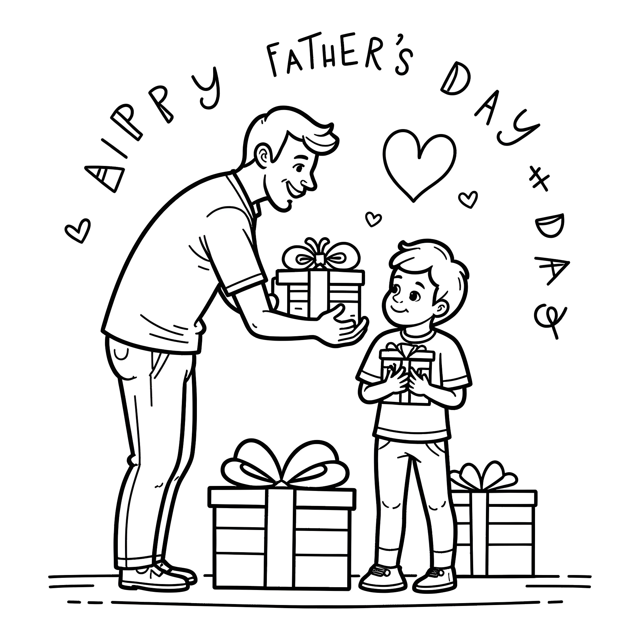 Father giving son a gift on Father's Day Coloring Page (free black-and-white line drawing printable PDF for all, from beginners to advanced learners, including children, teens, adults, and seniors)